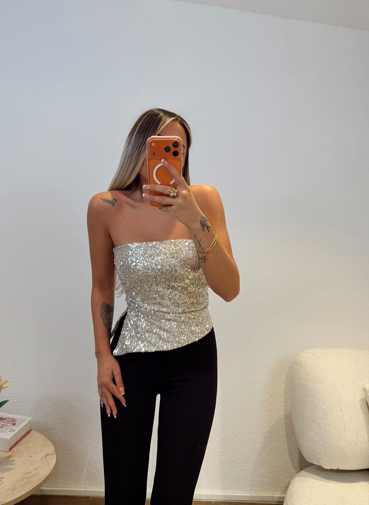 Straplez Pul Payet Asimetrik Bal Rengi Crop