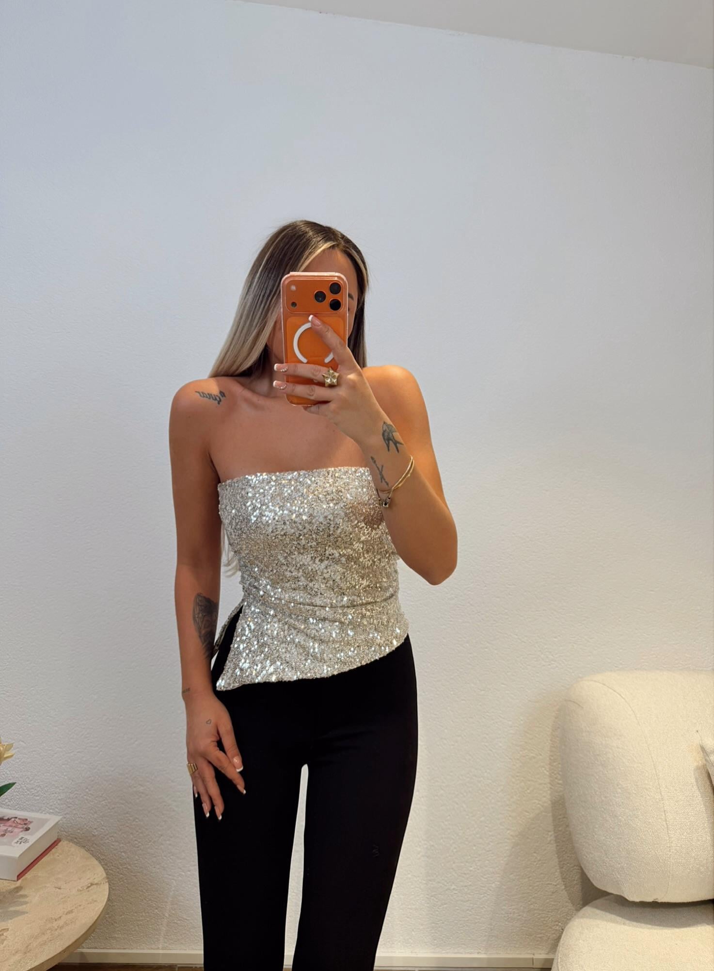 Straplez Pul Payet Asimetrik Bal Rengi Crop