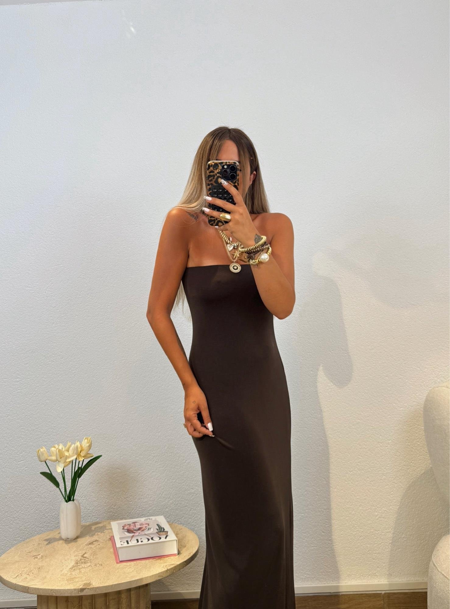 Straplez Sandy Kahve Maxi Elbise