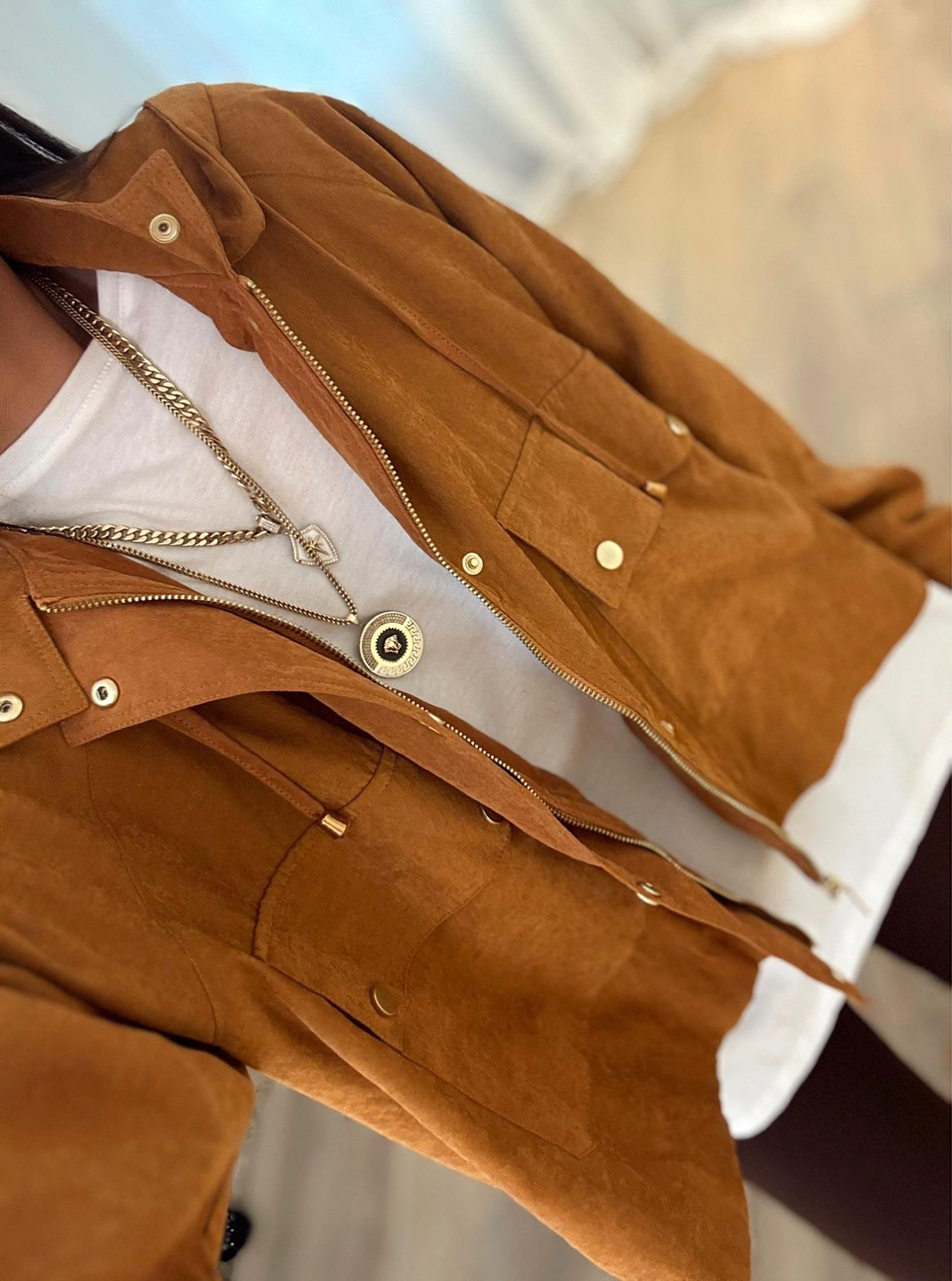 Taba Kapişonlu Oversize Nubuk Ceket