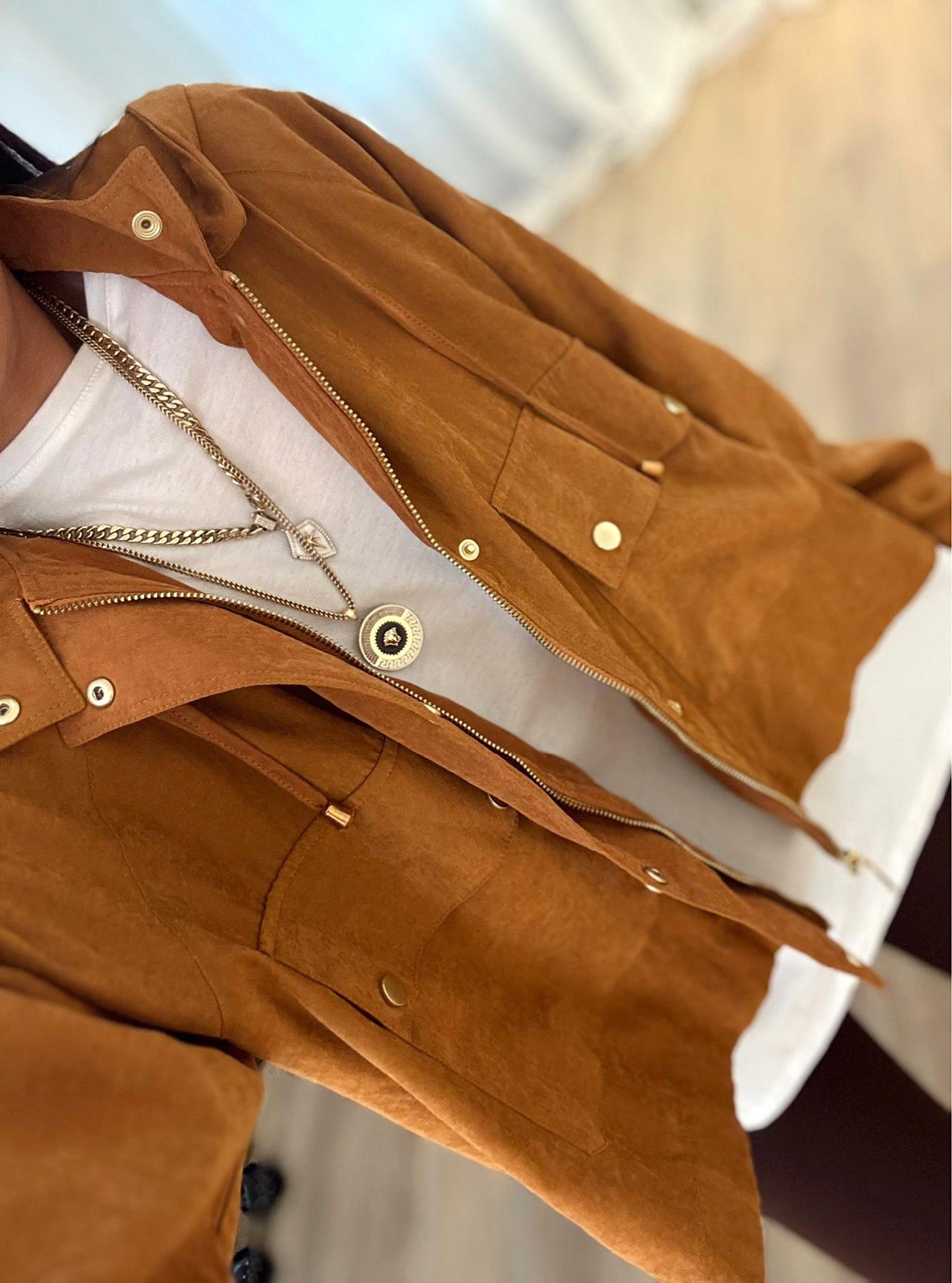 Taba Kapişonlu Oversize Nubuk Ceket
