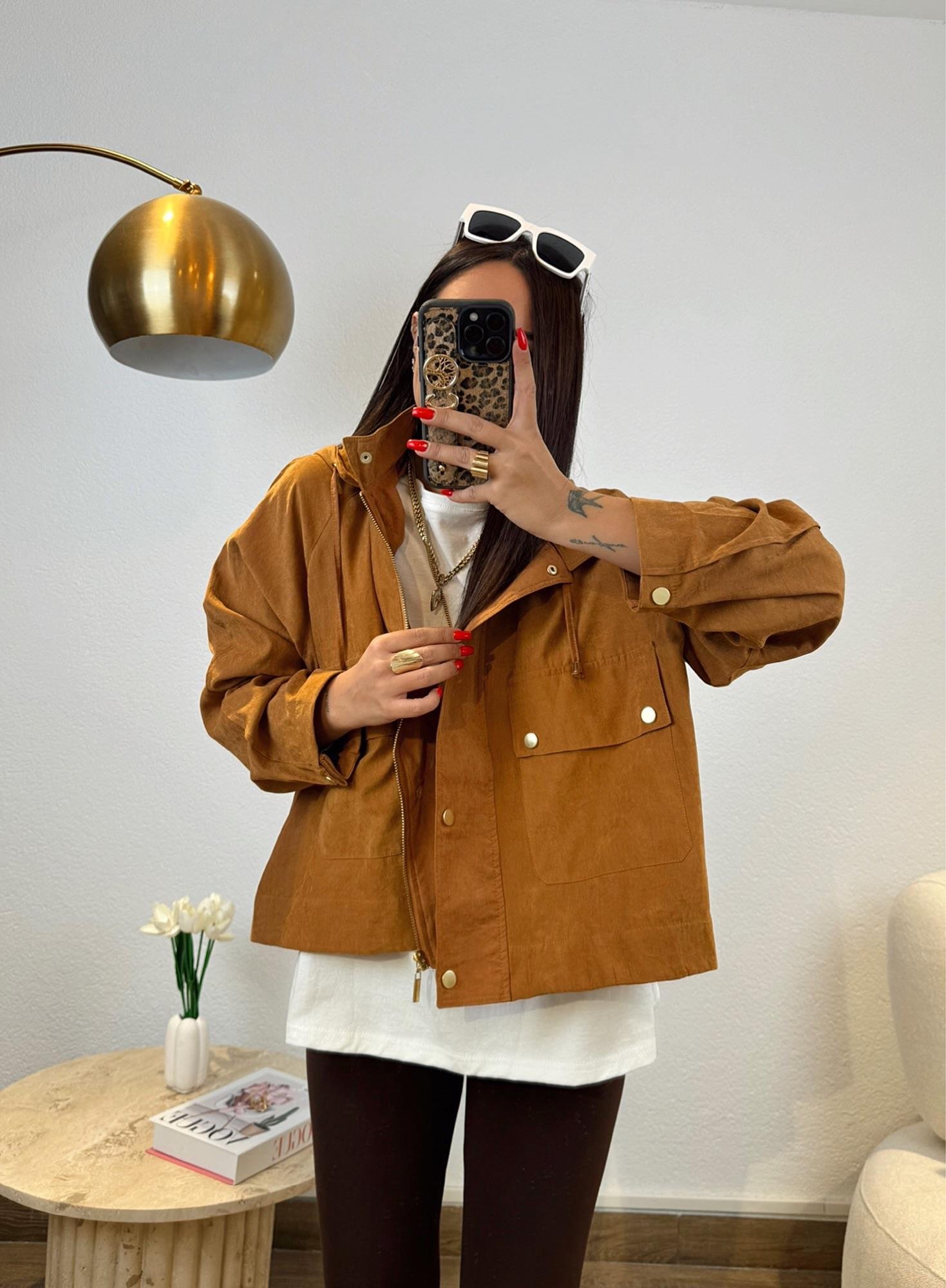 Taba Kapişonlu Oversize Nubuk Ceket