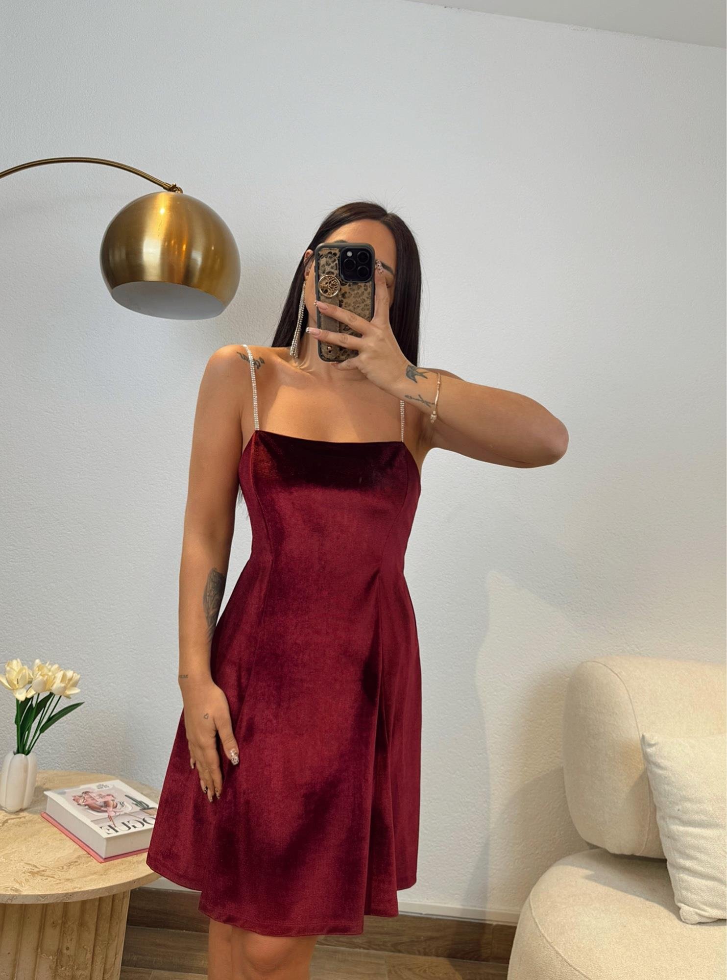 Taş Askılı Bordo Kadife Çan Elbise