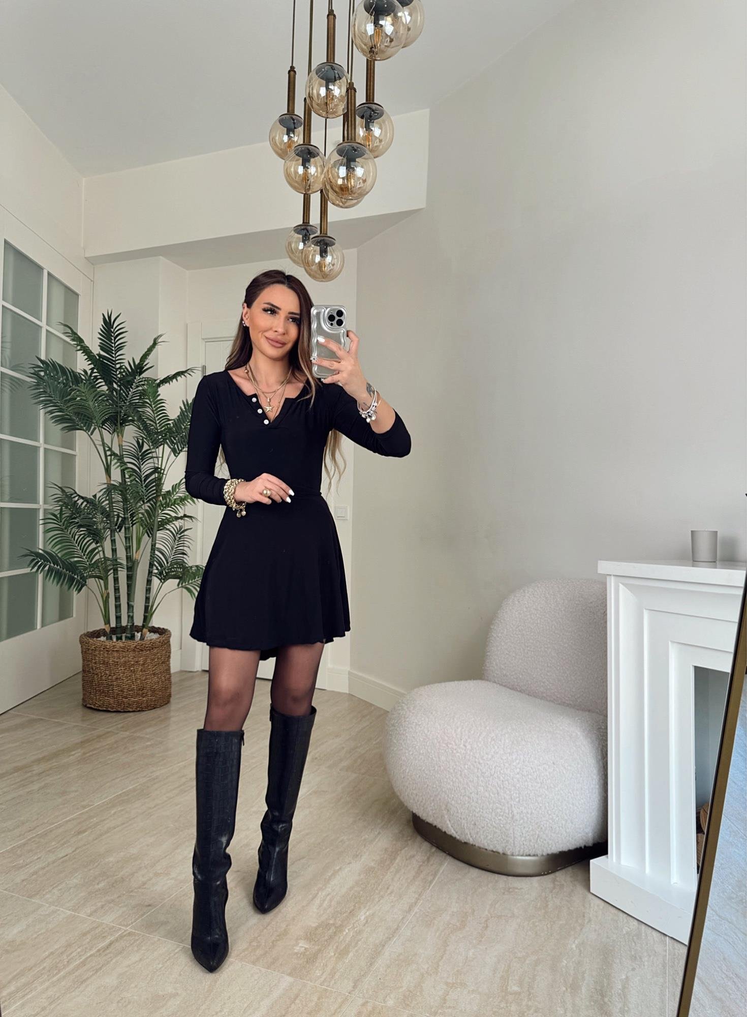 Taş Düğmeli Sandy Elbise