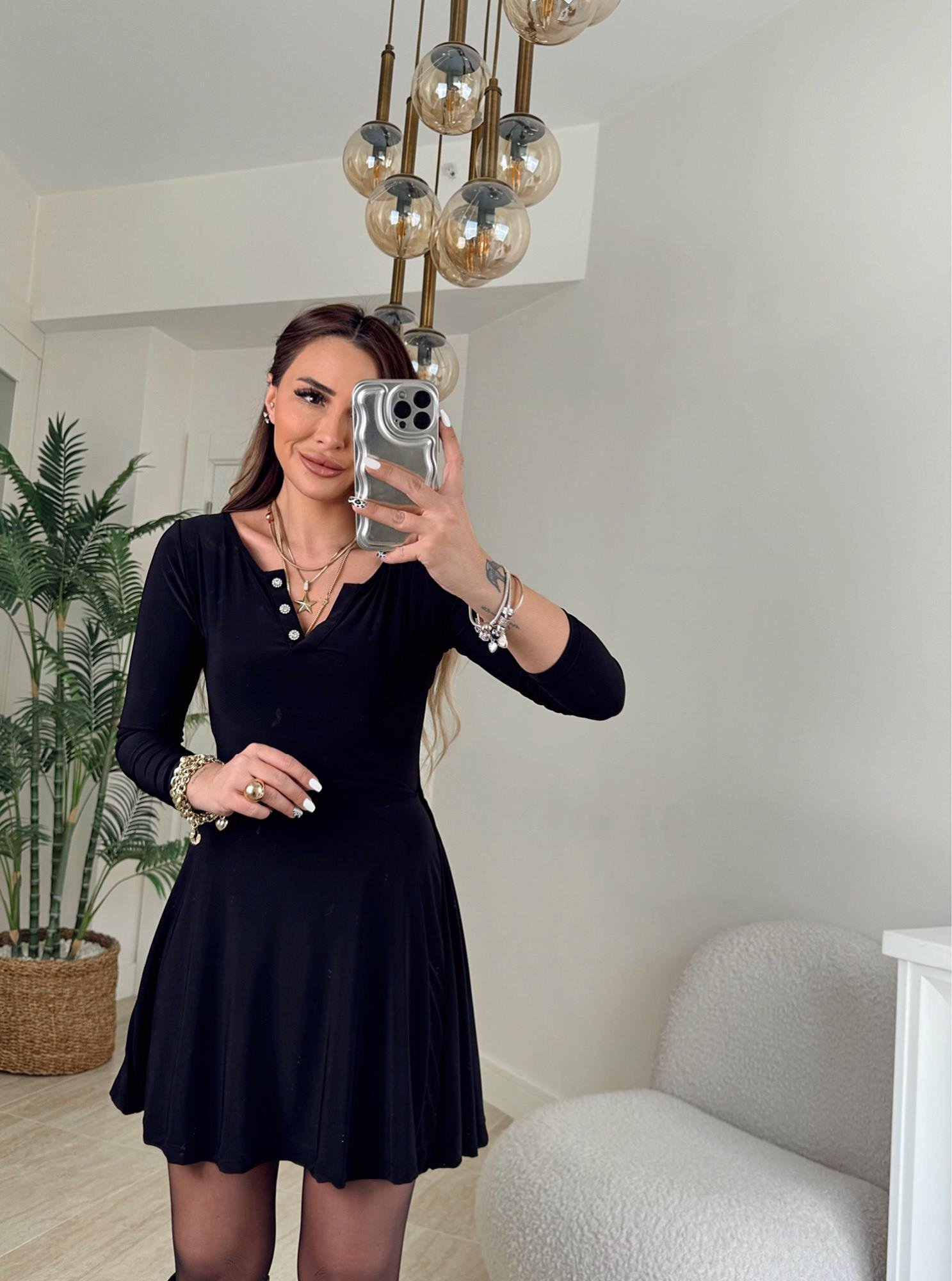 Taş Düğmeli Sandy Elbise