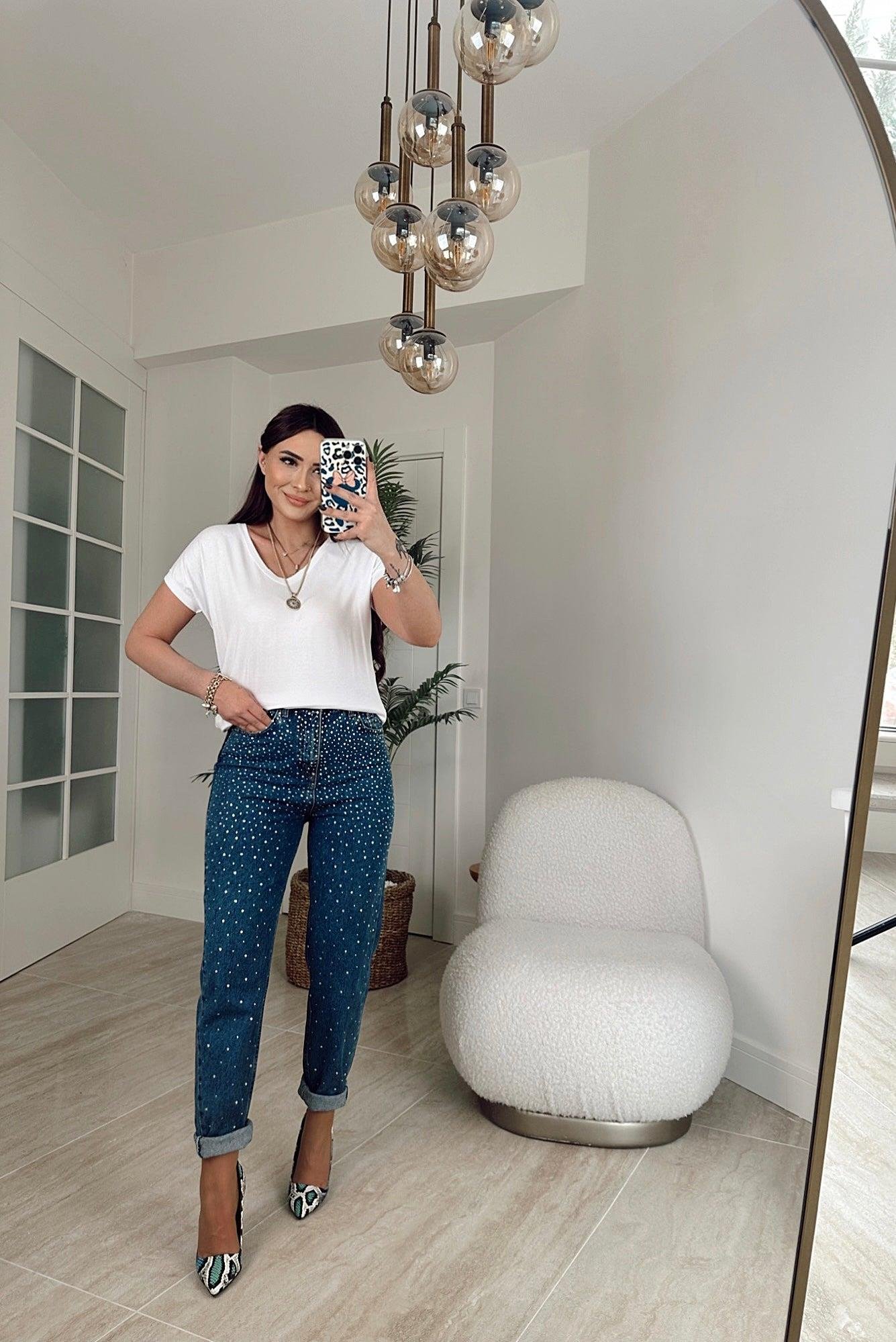 Taş İşlemeli Koyu Mavi Mom Jean