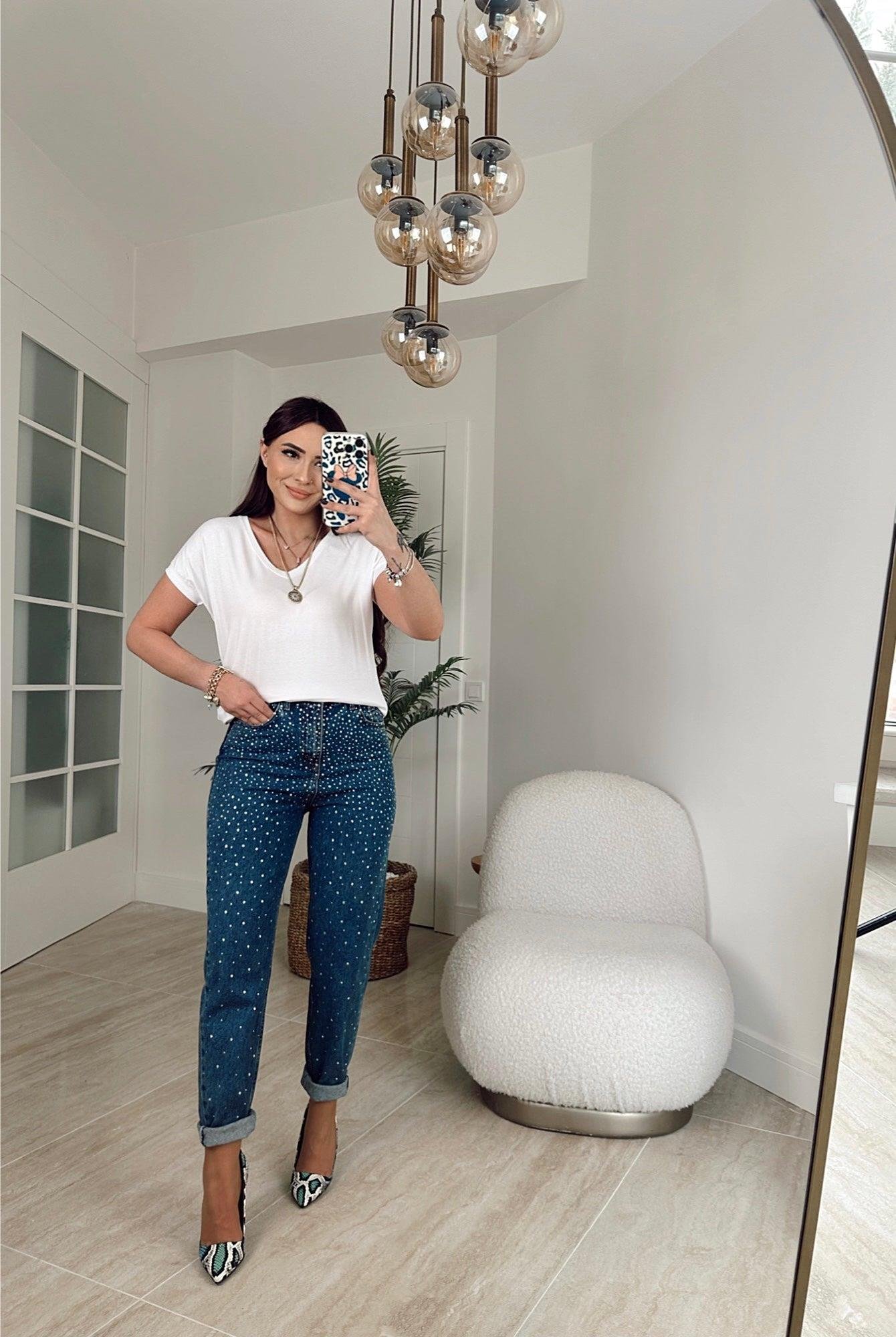 Taş İşlemeli Koyu Mavi Mom Jean