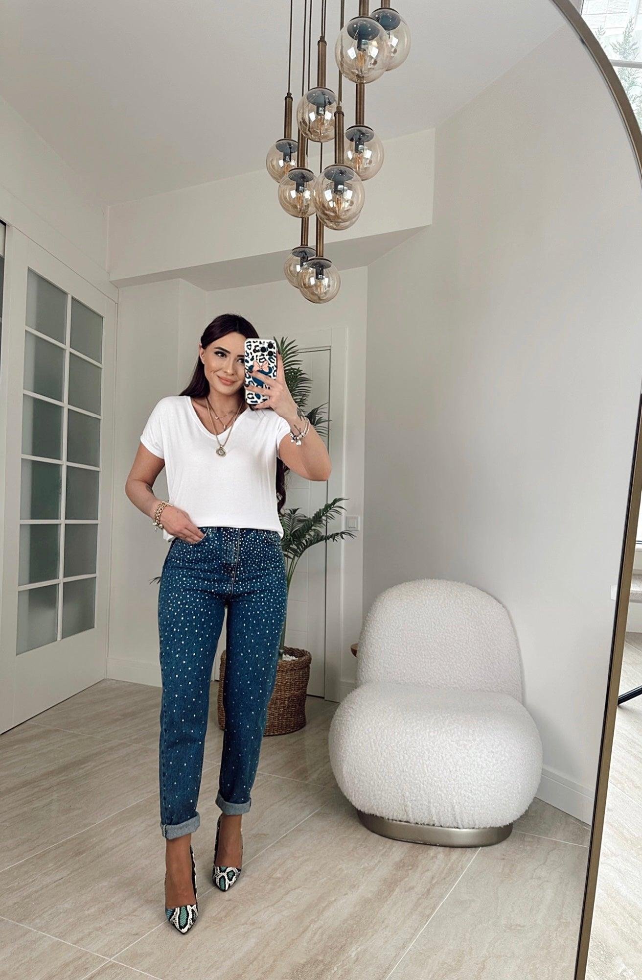 Taş İşlemeli Koyu Mavi Mom Jean