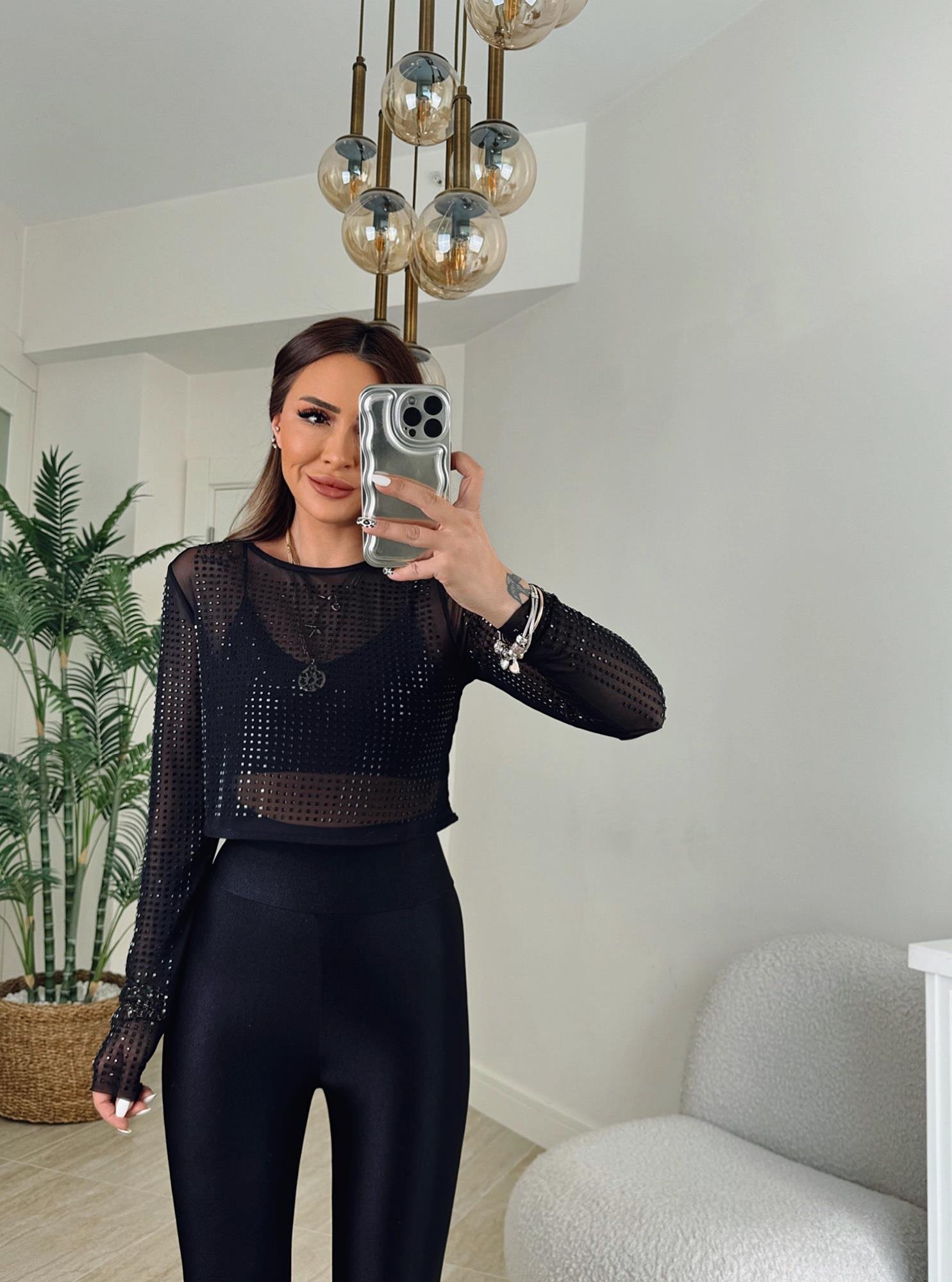 Taş İşlemeli Transparan Crop Bluz
