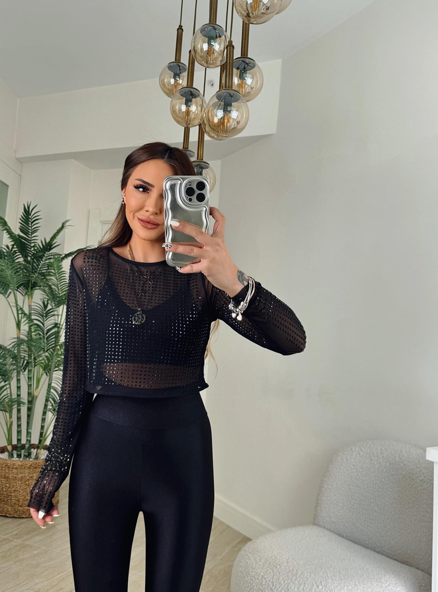 Taş İşlemeli Transparan Crop Bluz