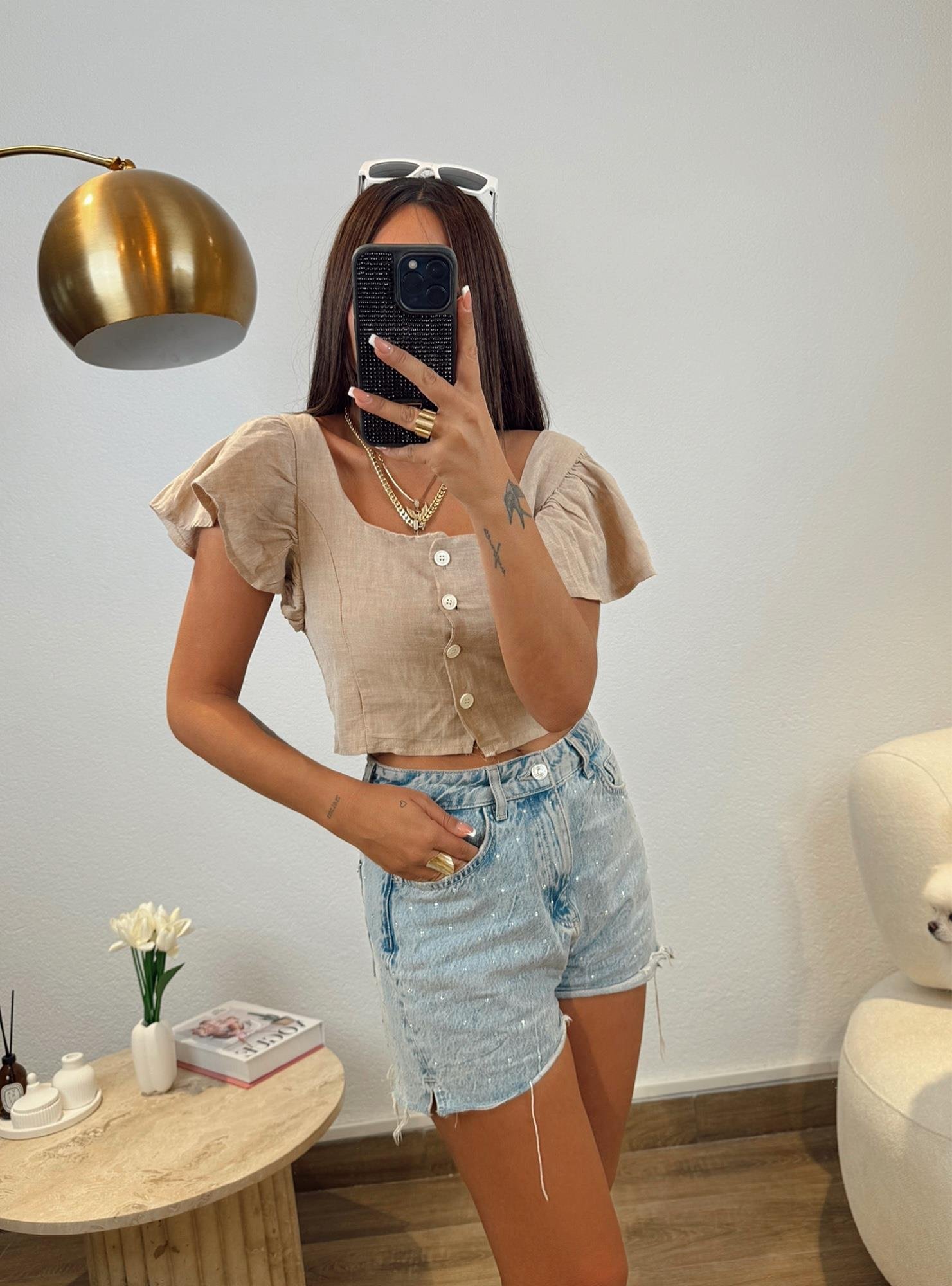 Taş Rengi Keten Crop