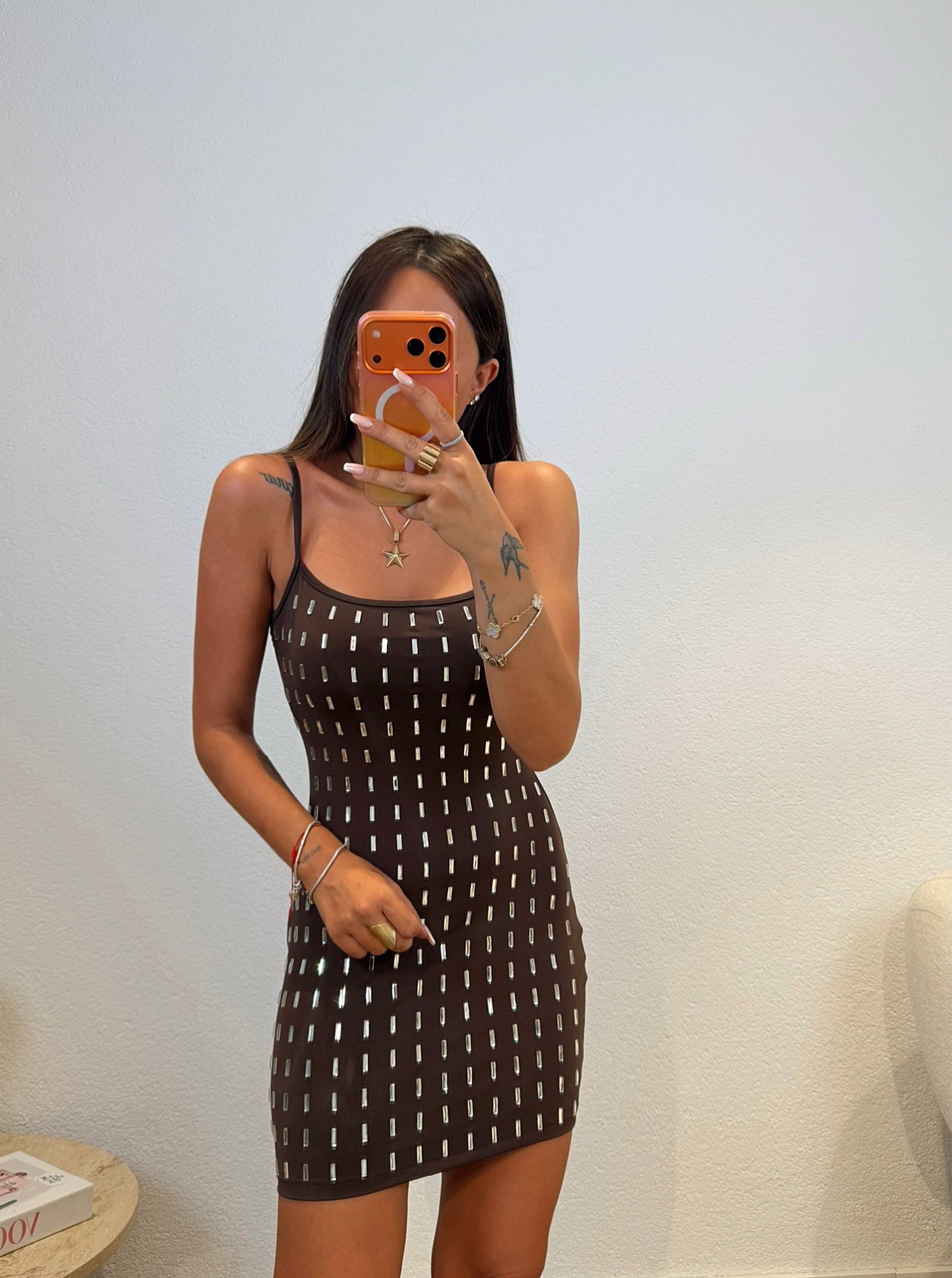 Tasarım İp Askılı Taşlı Kahve Mini Ebise