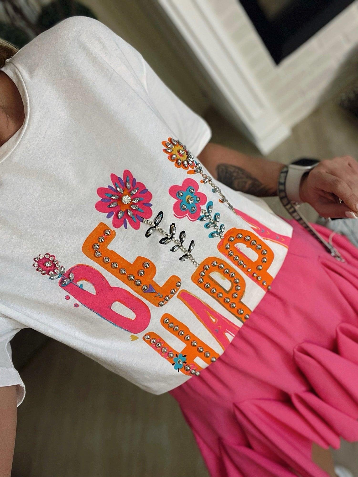 Taşlı Be Happy Baskılı Tshirt
