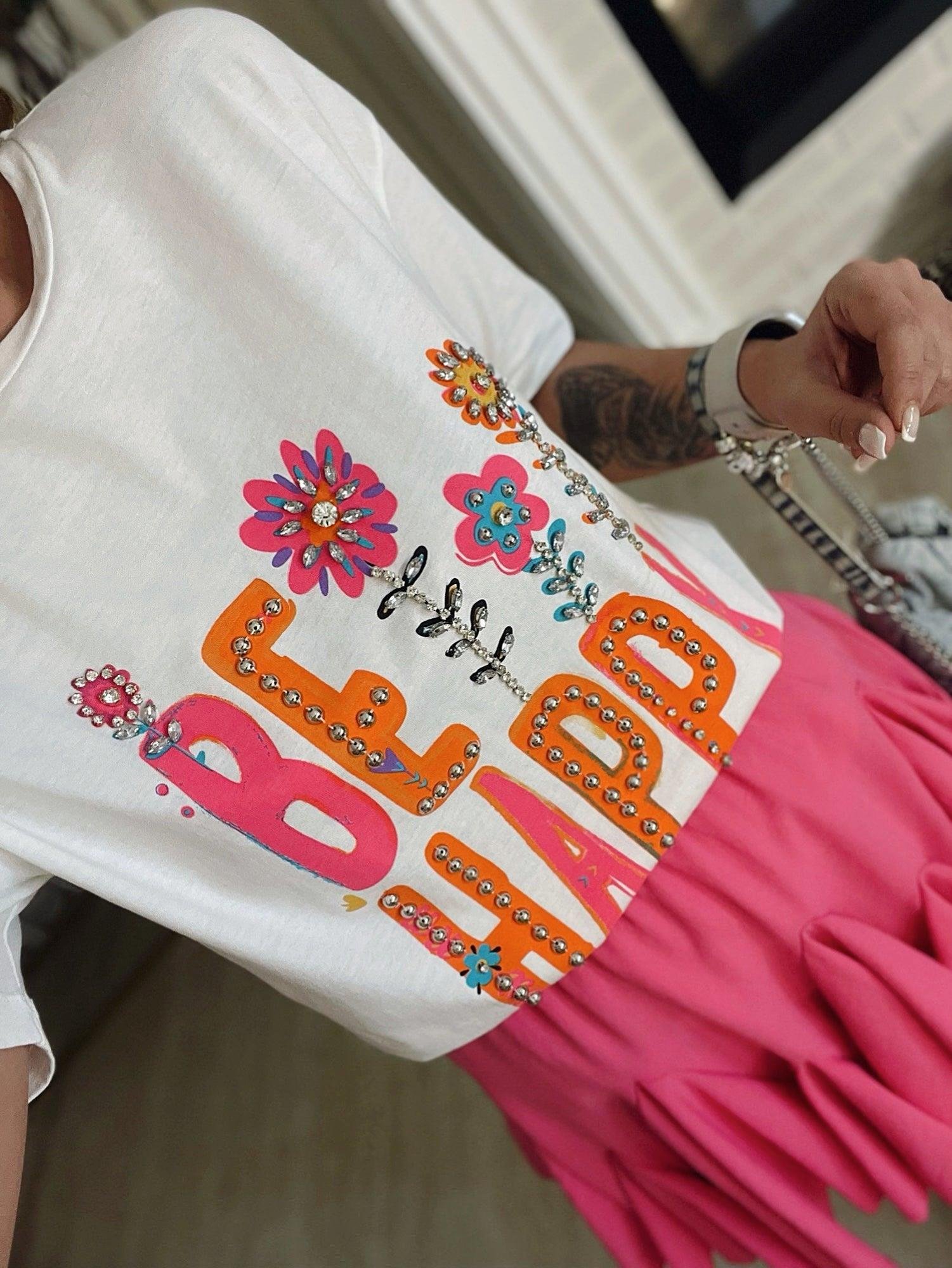 Taşlı Be Happy Baskılı Tshirt