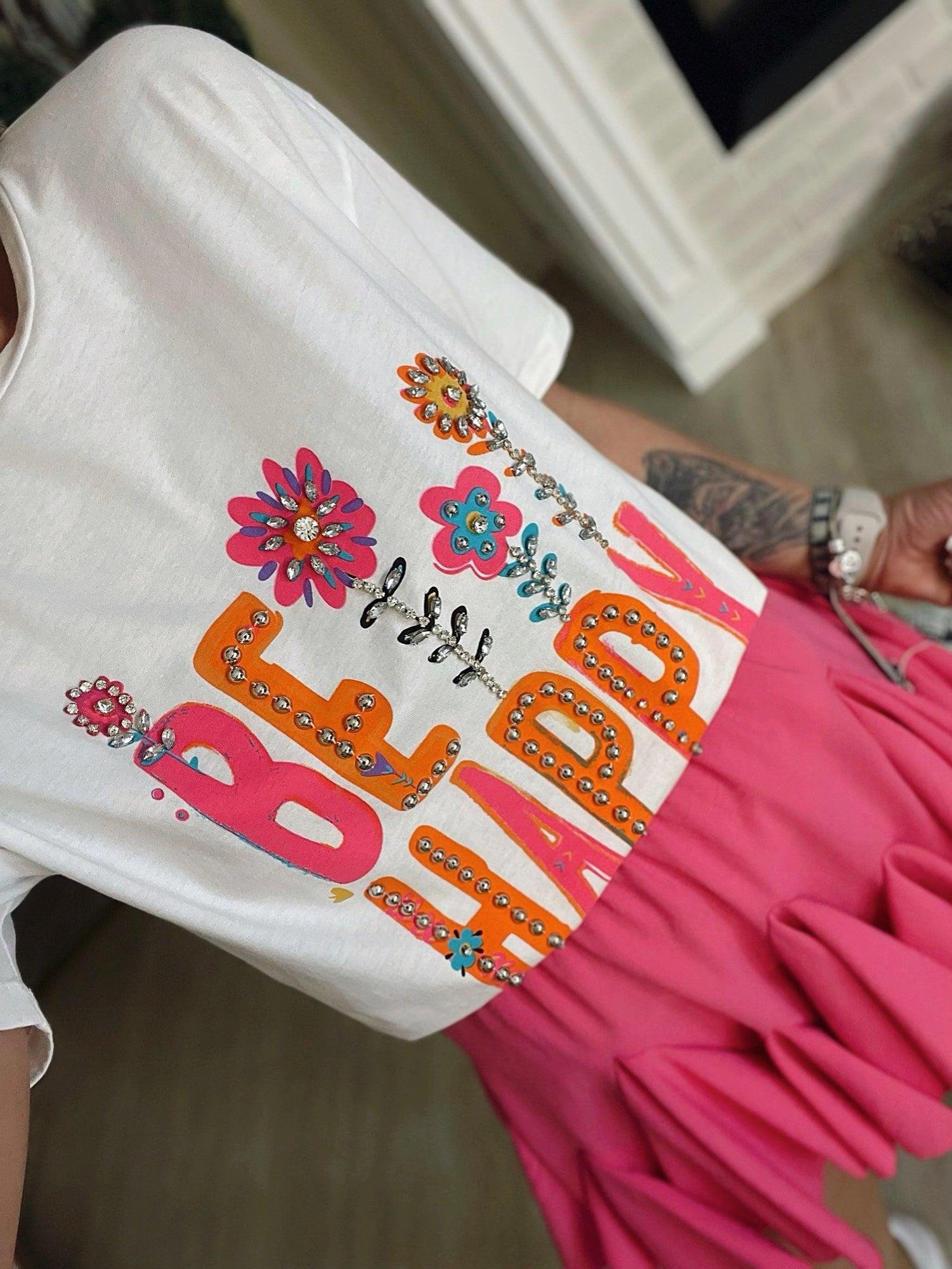 Taşlı Be Happy Baskılı Tshirt