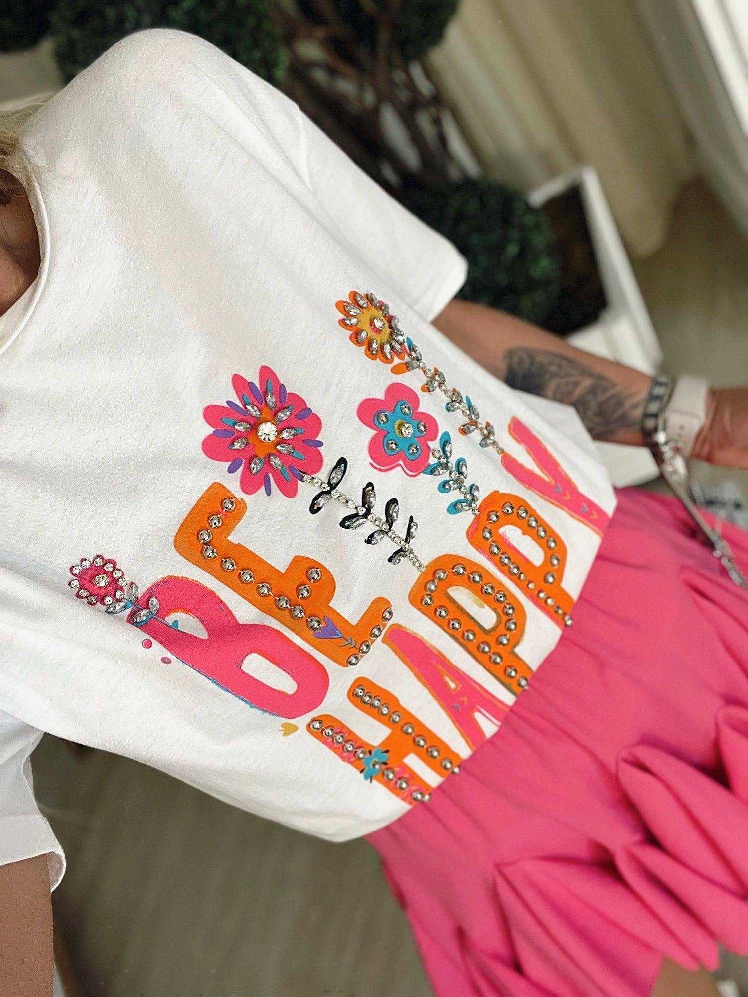 Taşlı Be Happy Baskılı Tshirt