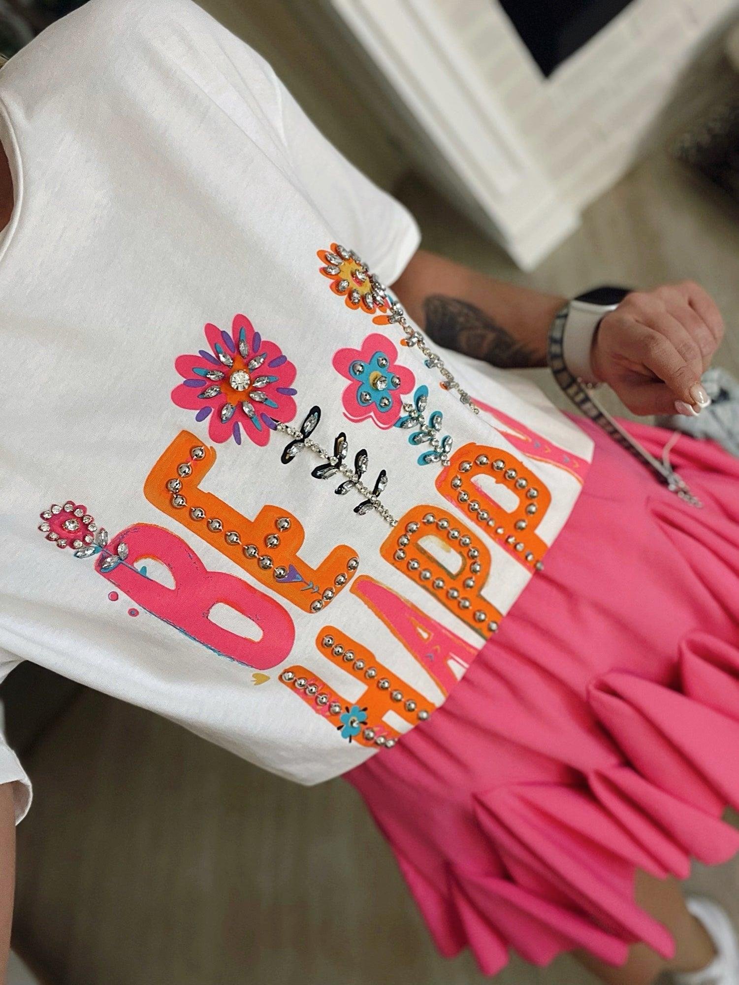 Taşlı Be Happy Baskılı Tshirt