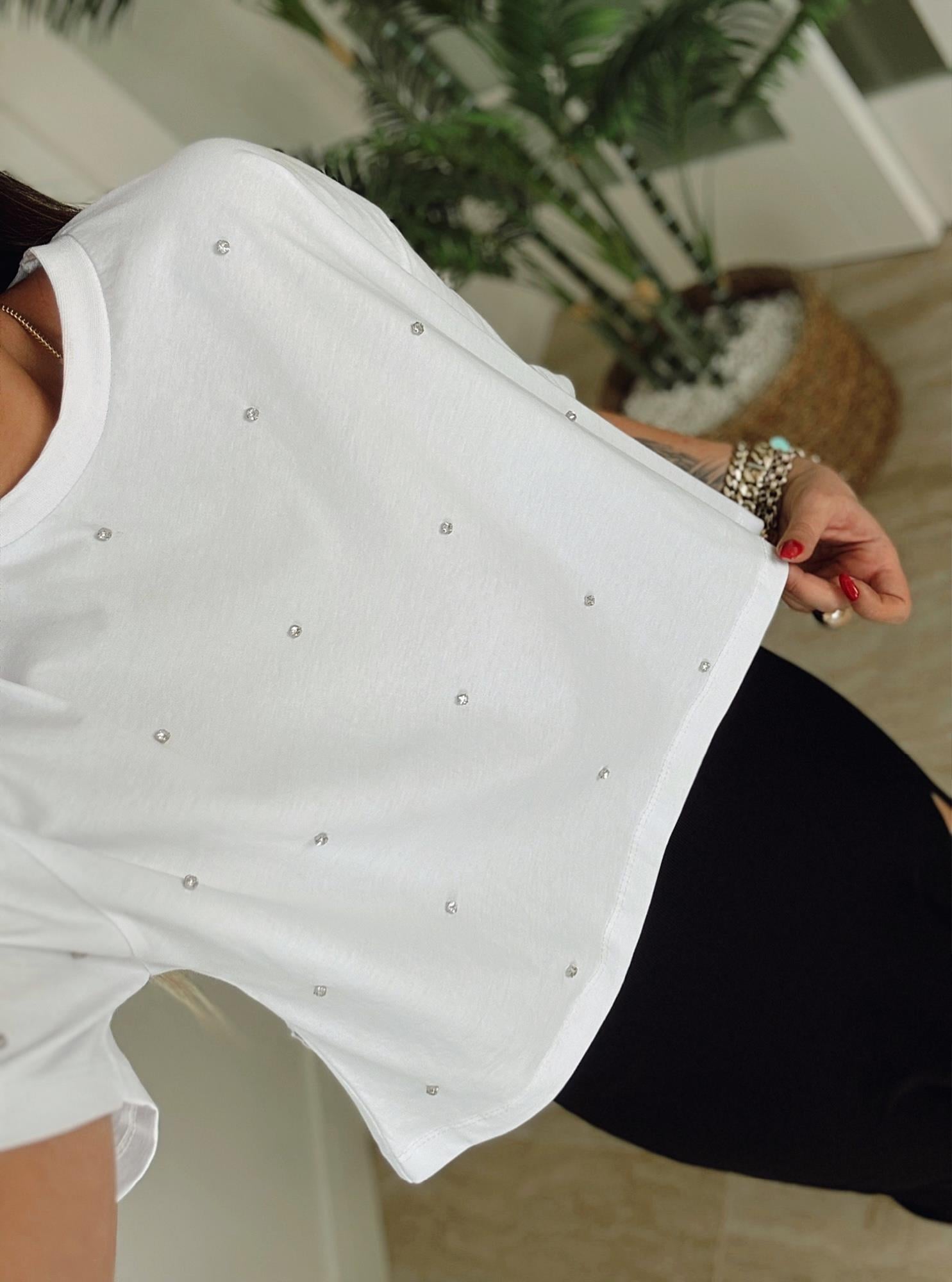 Taşlı Beyaz Crop Tshirt