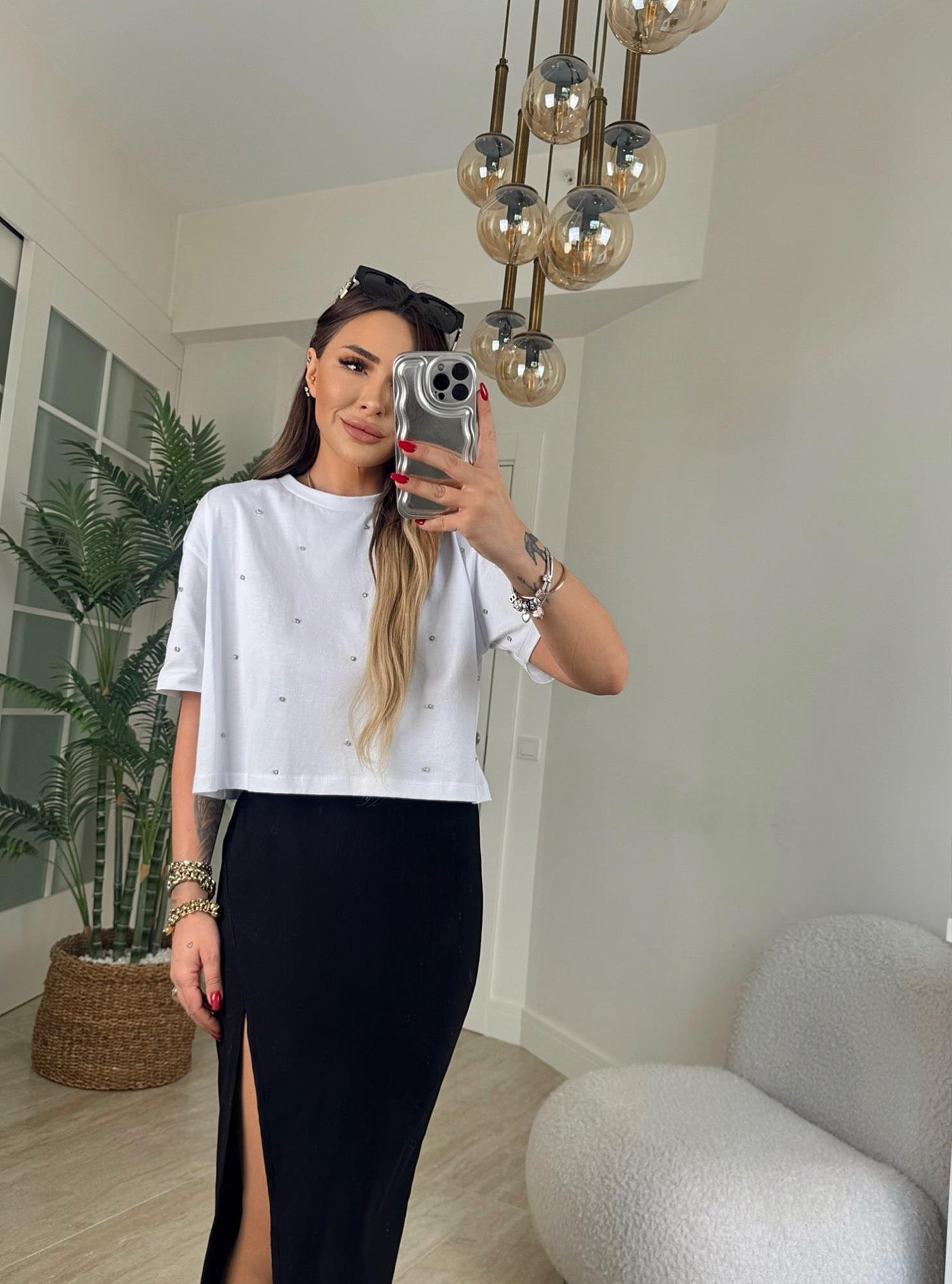 Taşlı Beyaz Crop Tshirt