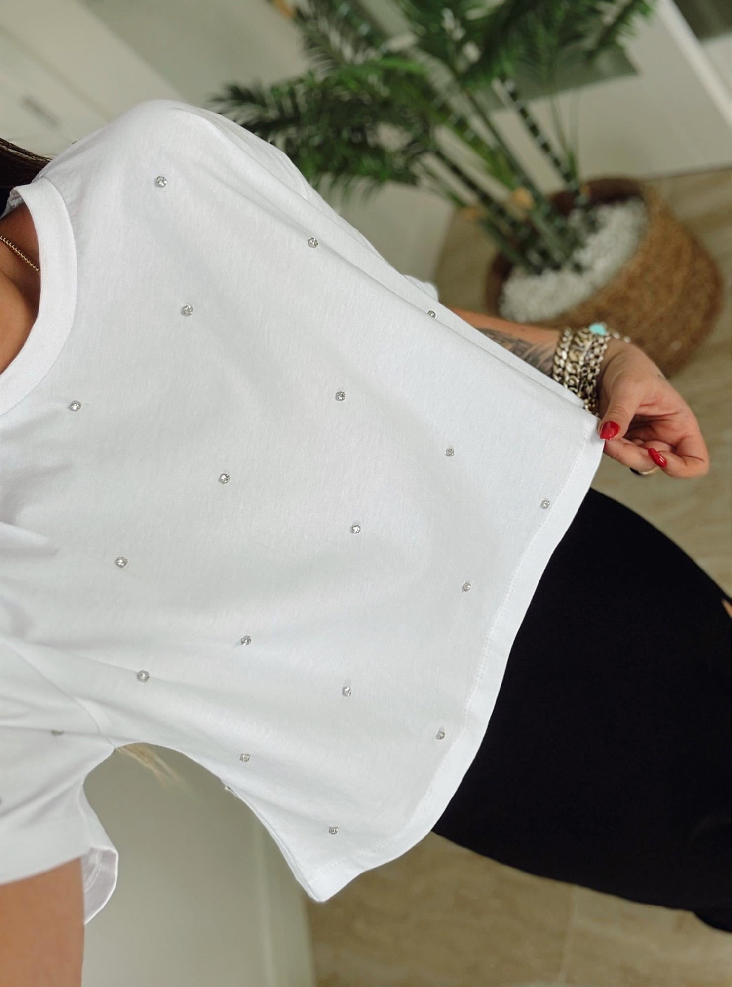 Taşlı Beyaz Crop Tshirt