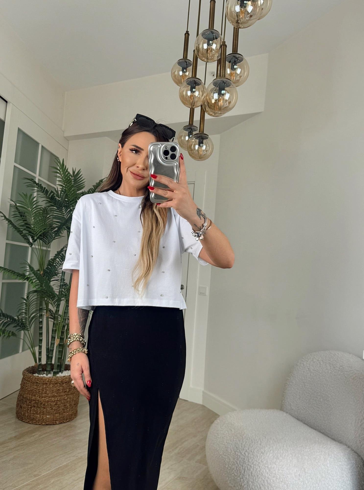 Taşlı Beyaz Crop Tshirt