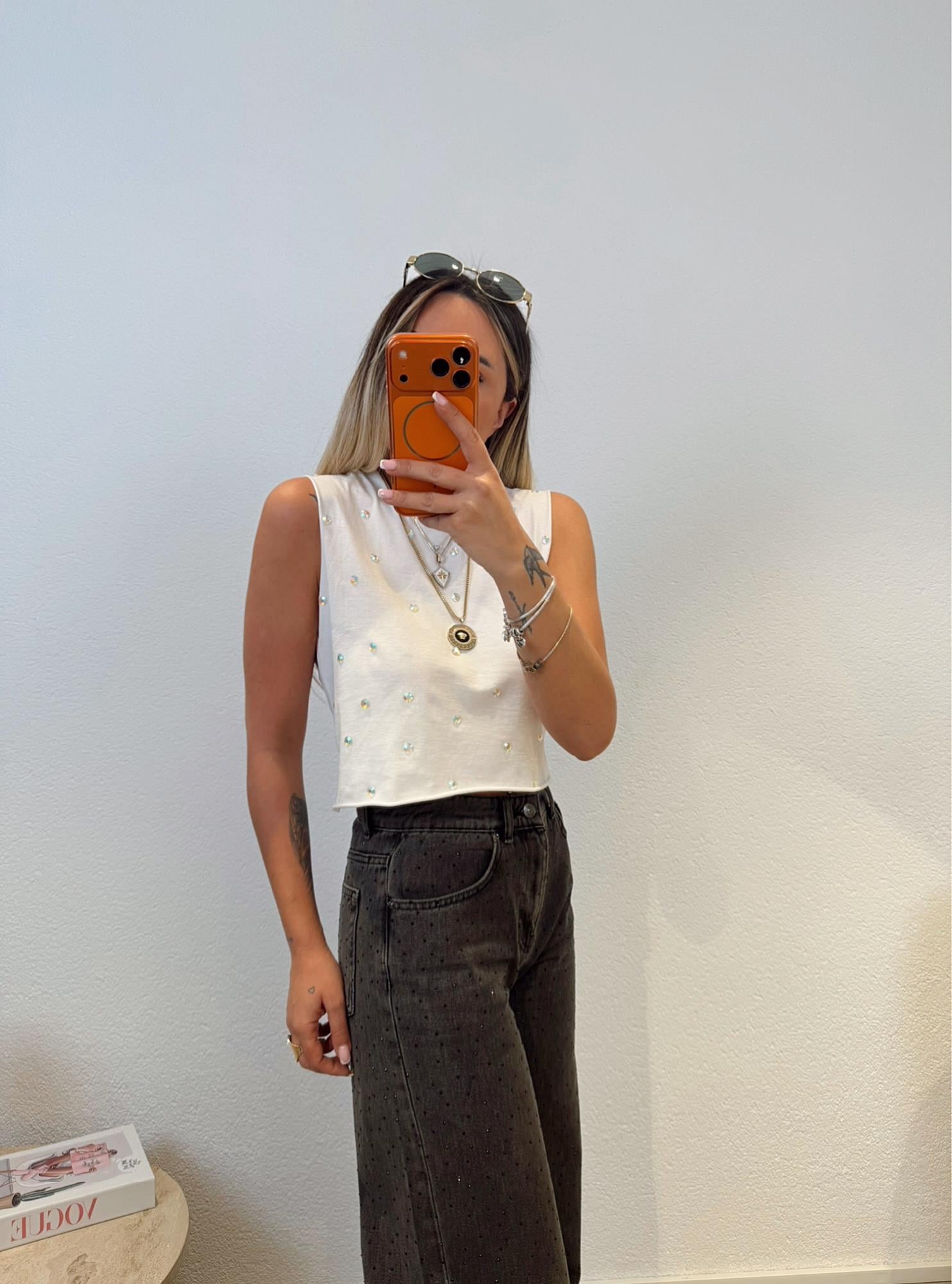 Taşlı Beyaz Crop Tshirt