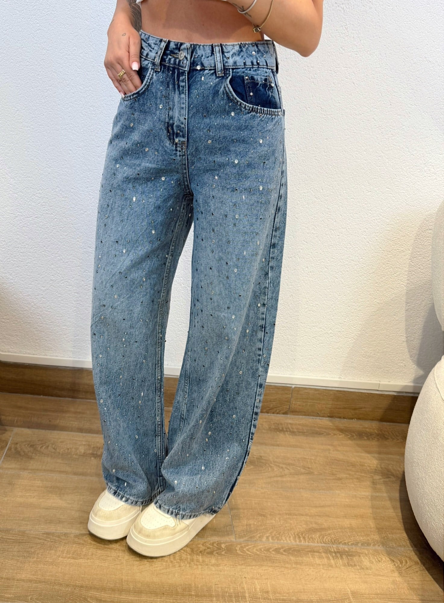 Taşlı Bol Paça Jean