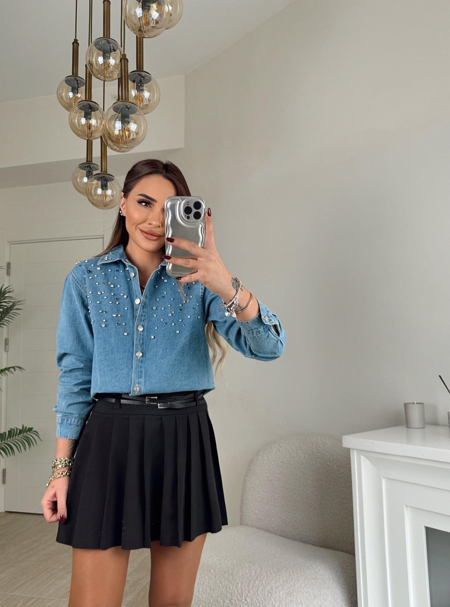 Taşlı Crop Jean Gömlek