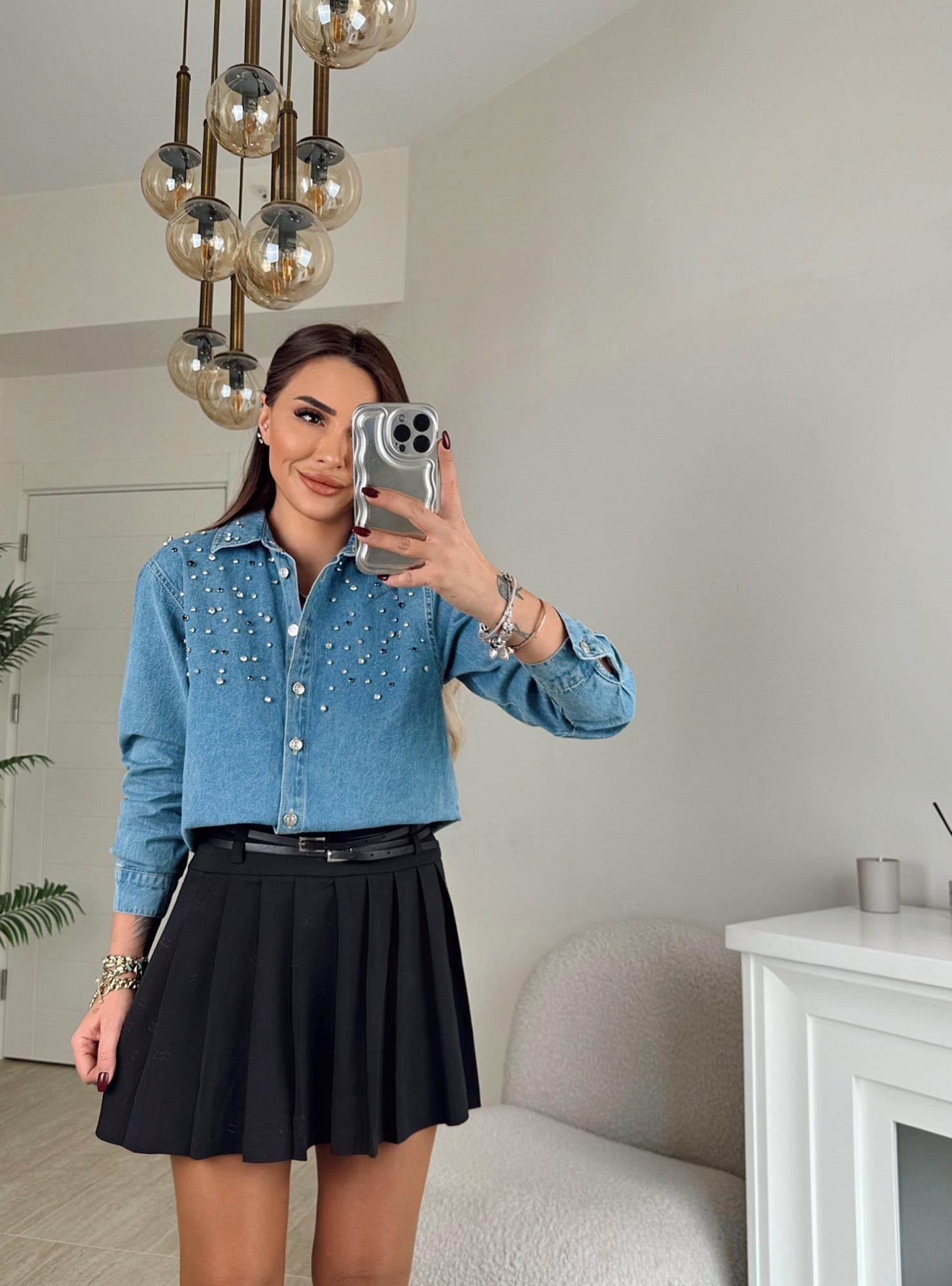 Taşlı Crop Jean Gömlek