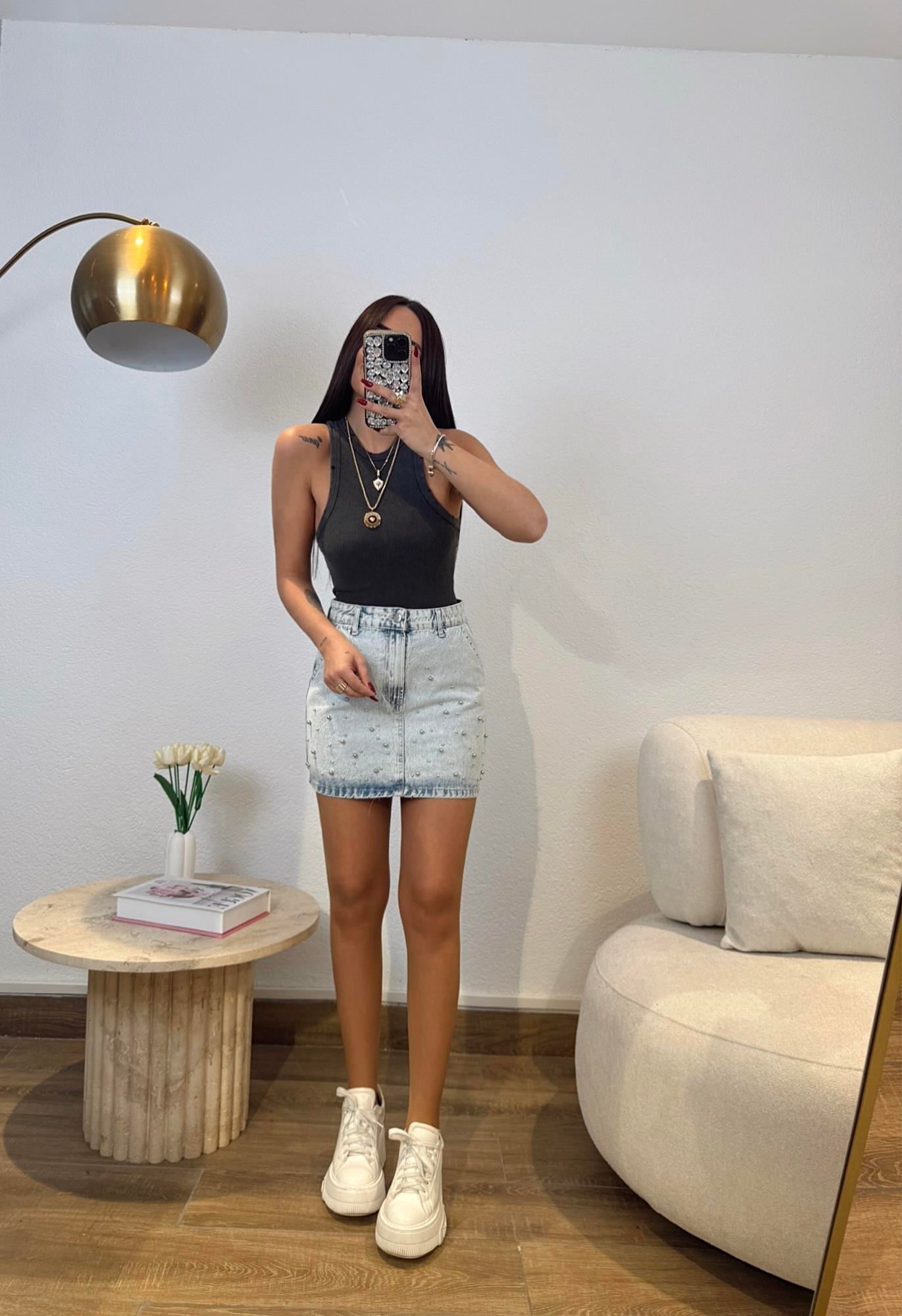 Taşlı Jean Mini Etek