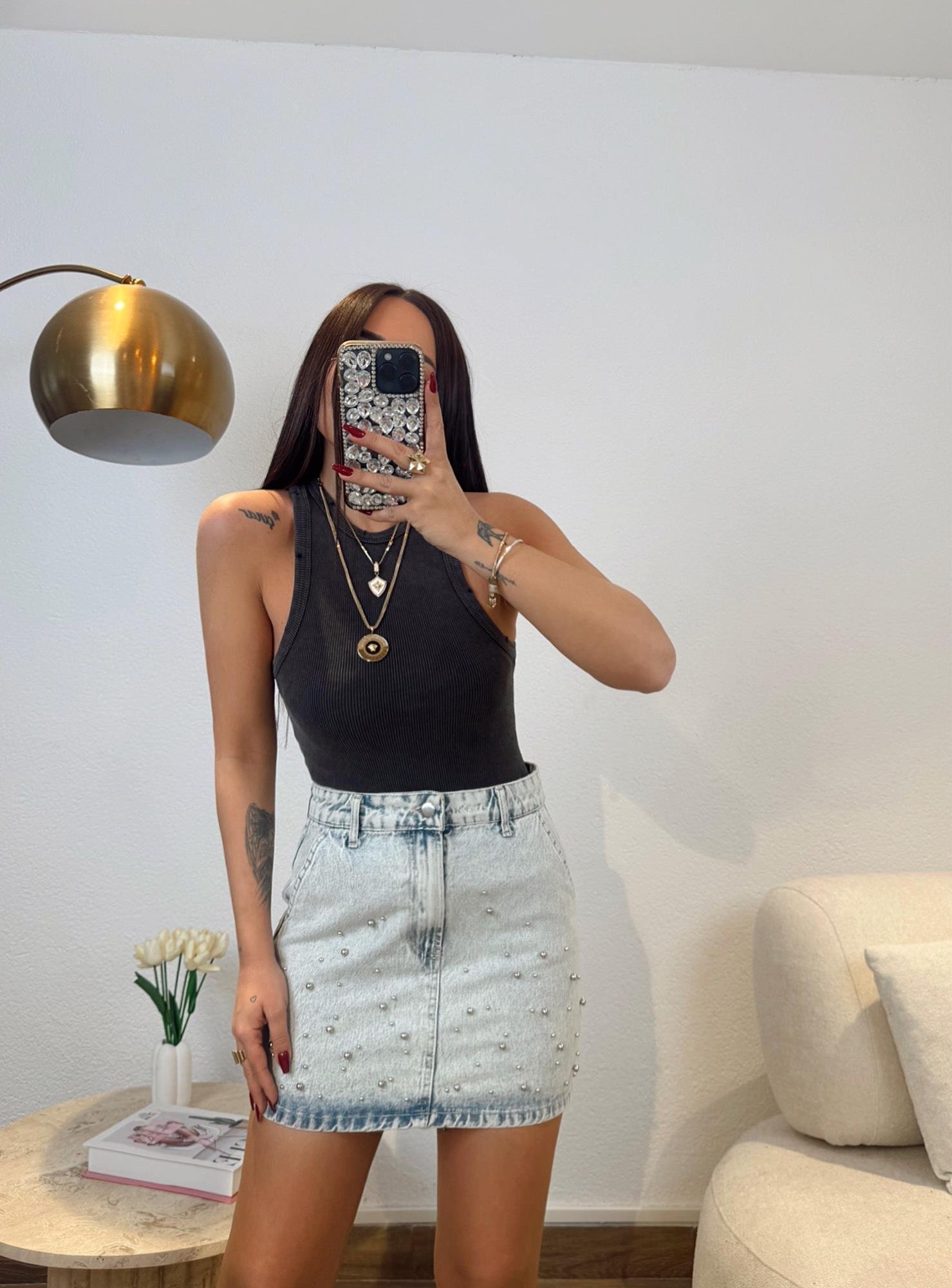 Taşlı Jean Mini Etek