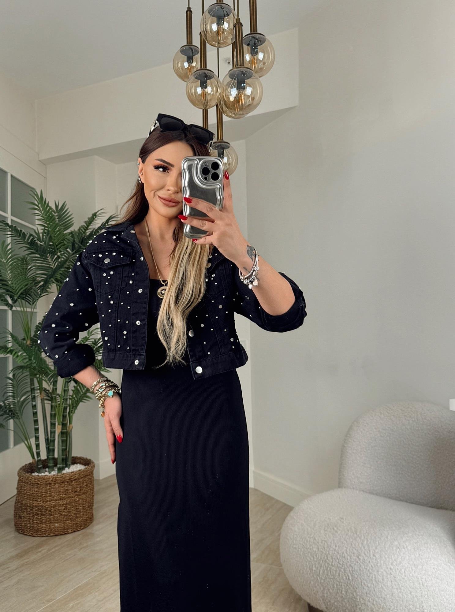 Taşlı Jean Siyah Ceket