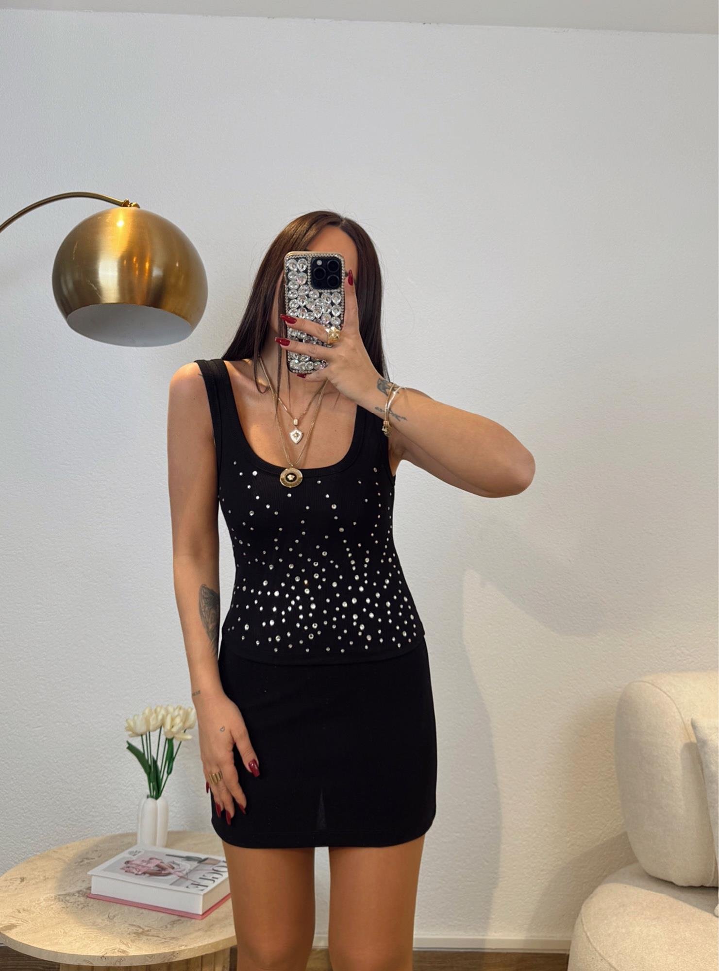 Taşlı Kare Yaka Fitilli Siyah Crop