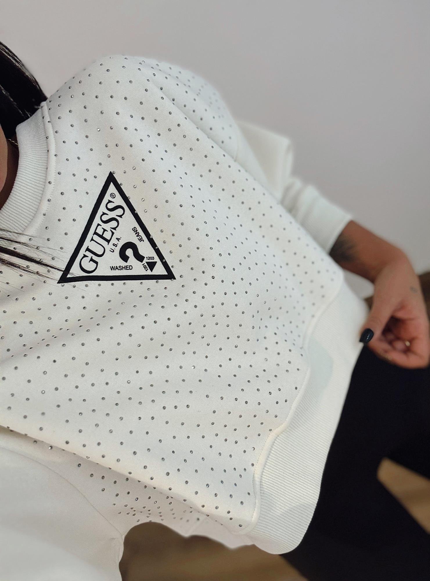 Taşlı Marka Model Beyaz Sweatshirt