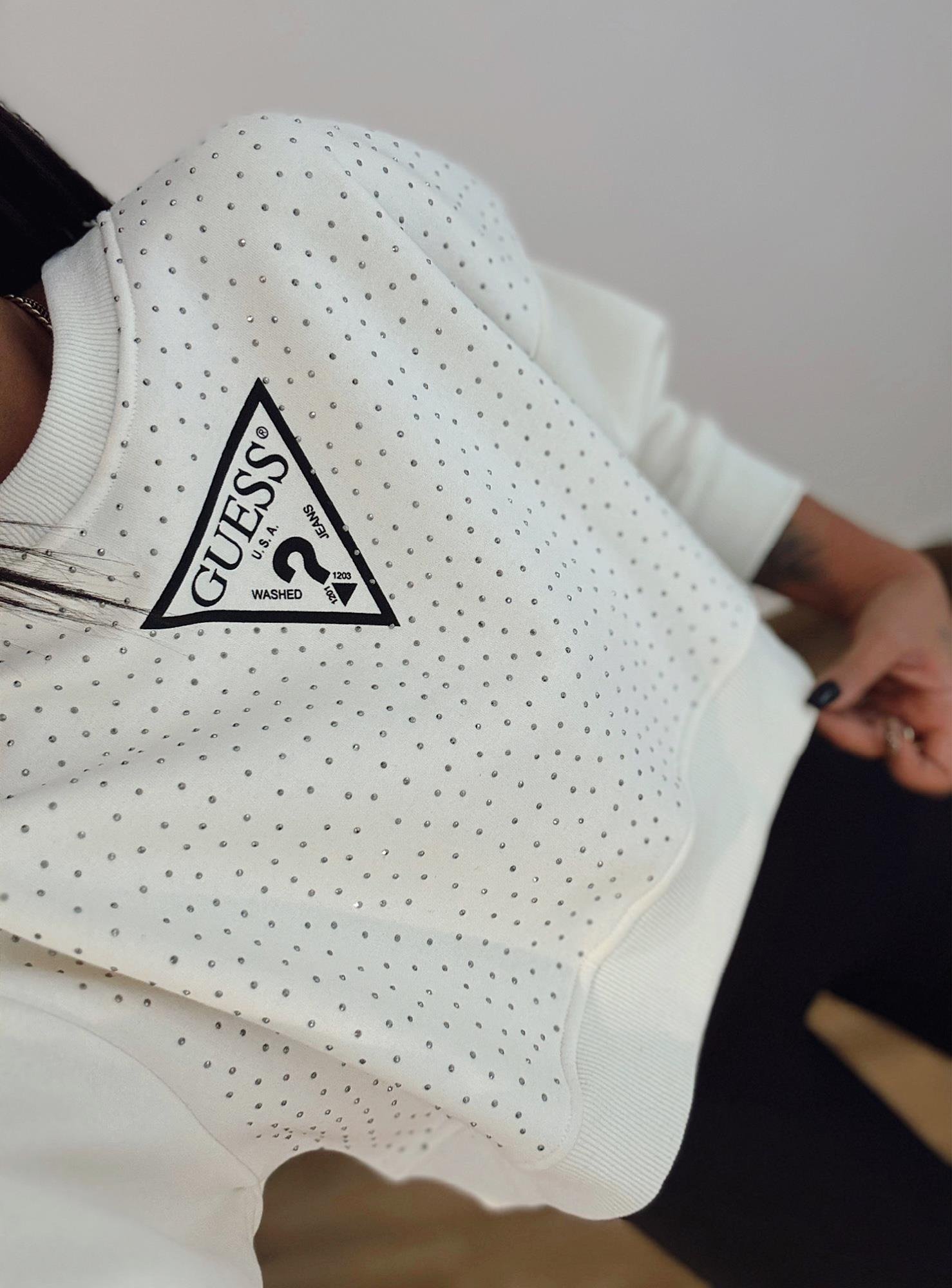 Taşlı Marka Model Beyaz Sweatshirt