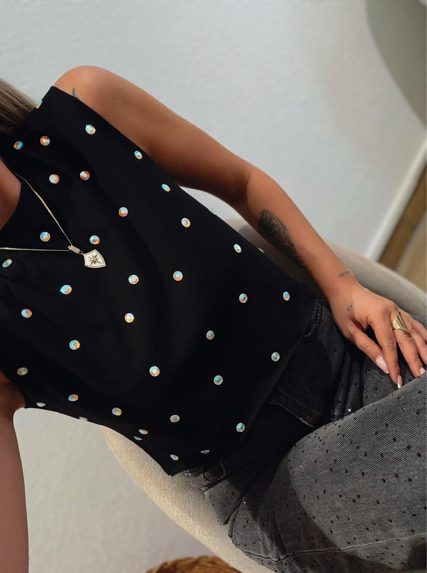 Taşlı Siyah Crop Tshirt