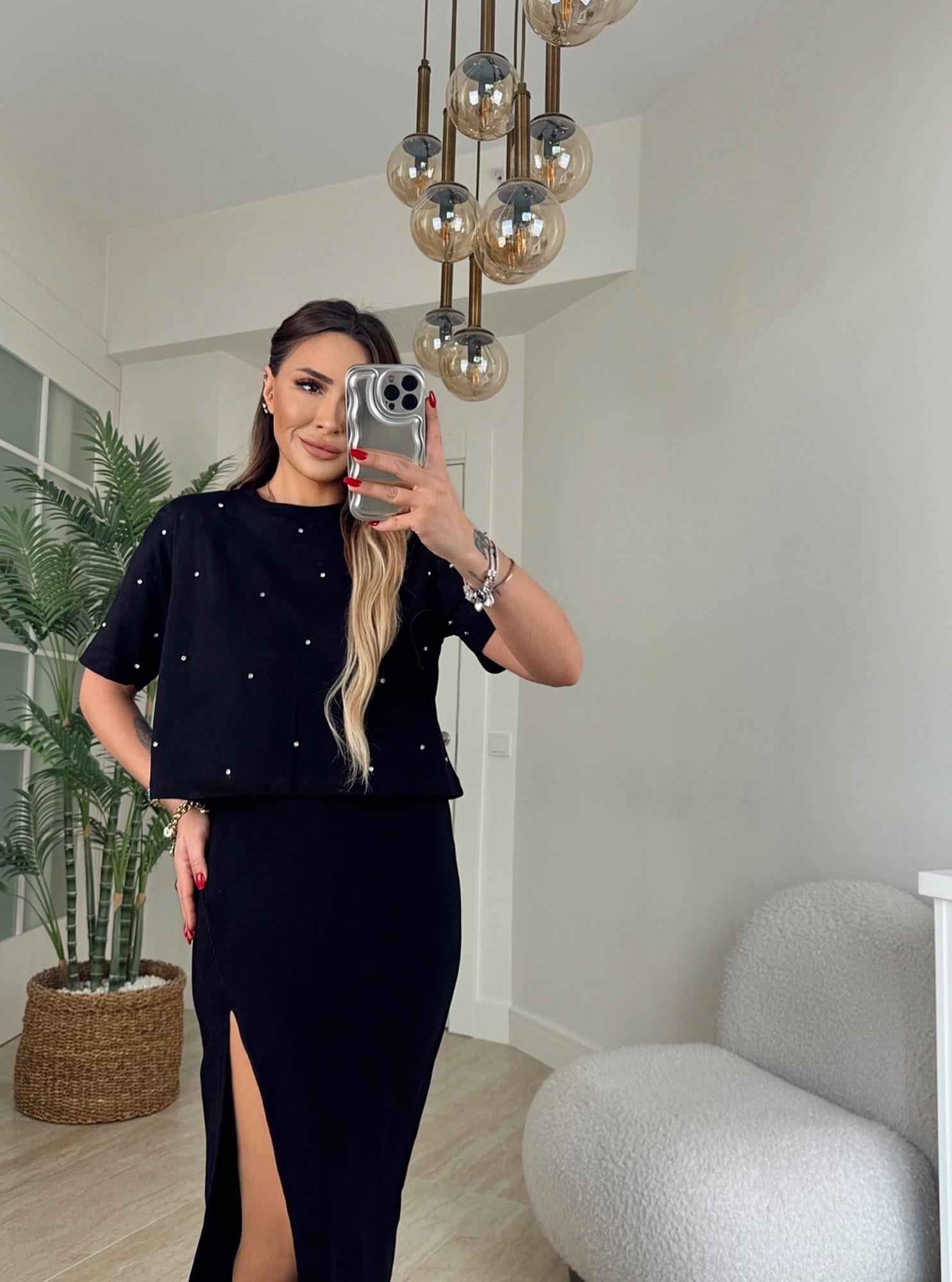 Taşlı Siyah Crop Tshirt