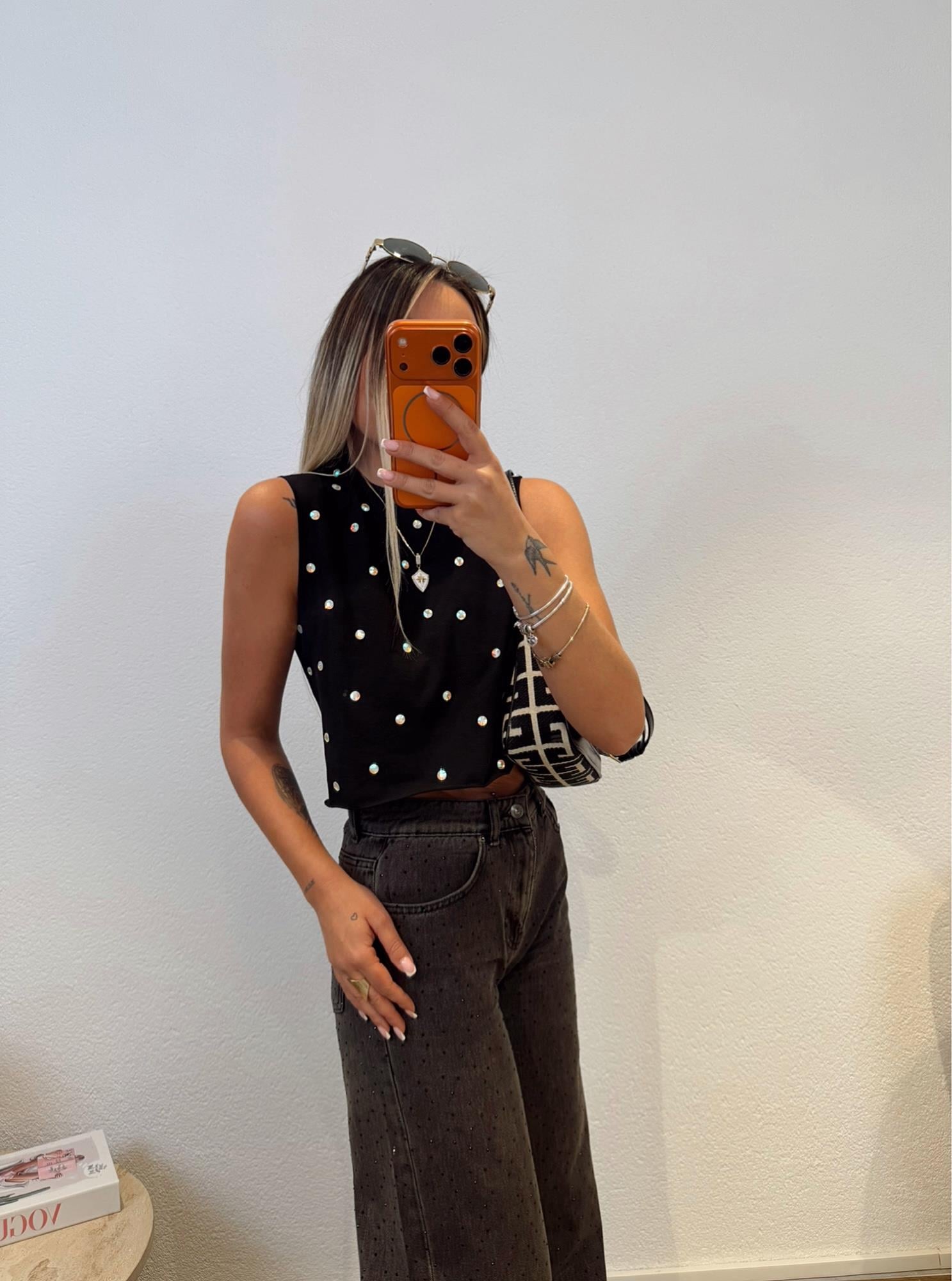 Taşlı Siyah Crop Tshirt