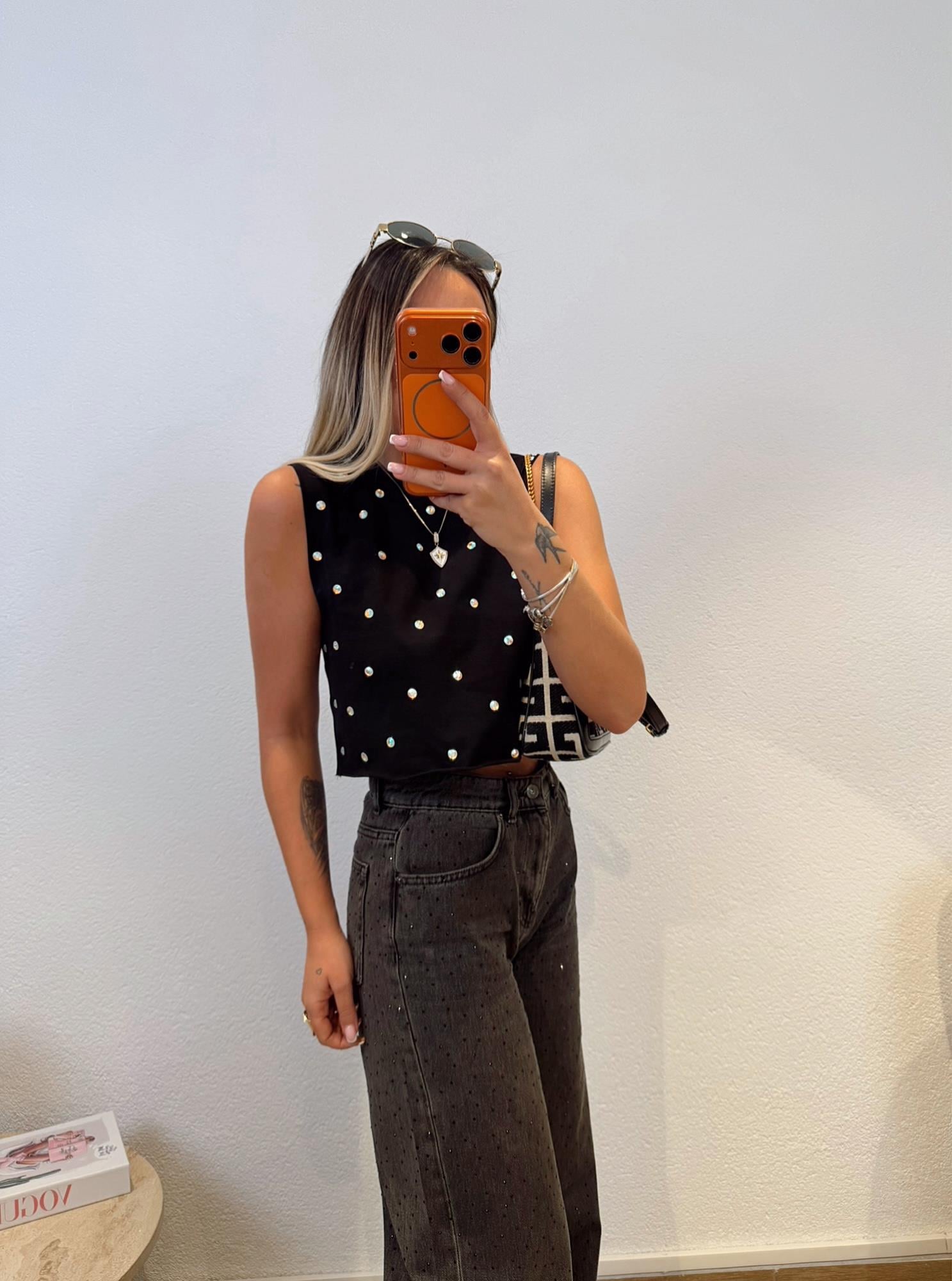 Taşlı Siyah Crop Tshirt