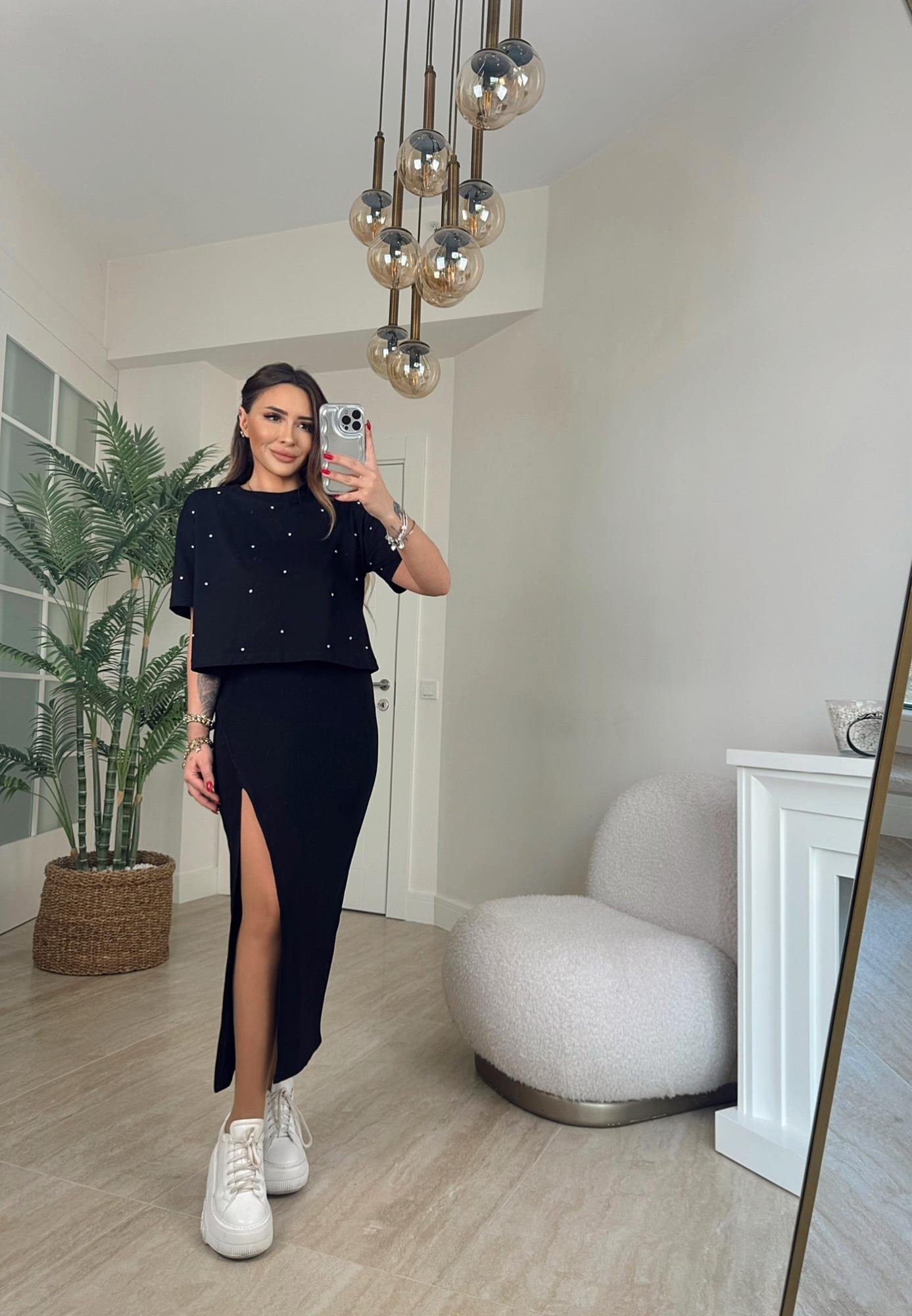 Taşlı Siyah Crop Tshirt