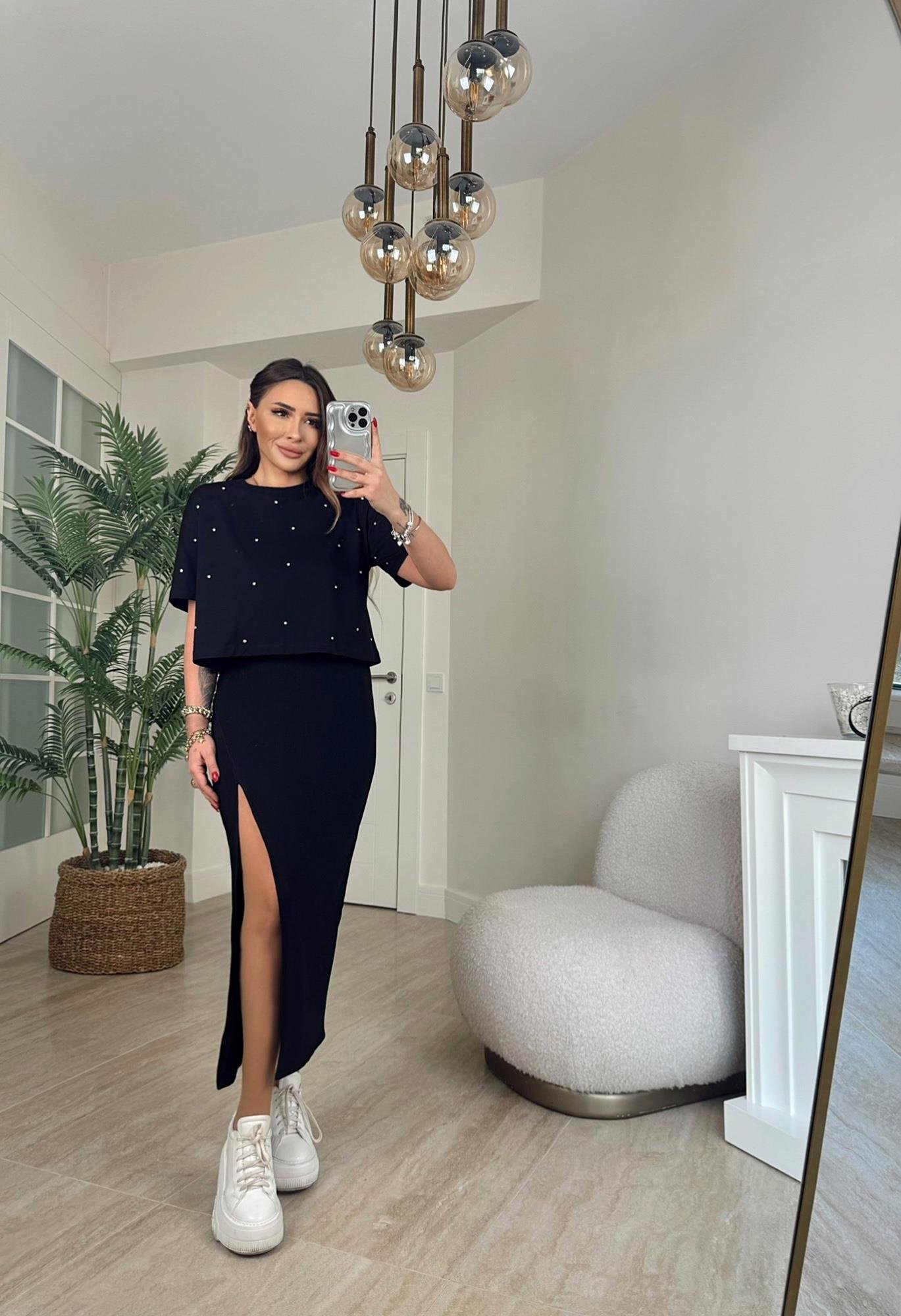 Taşlı Siyah Crop Tshirt