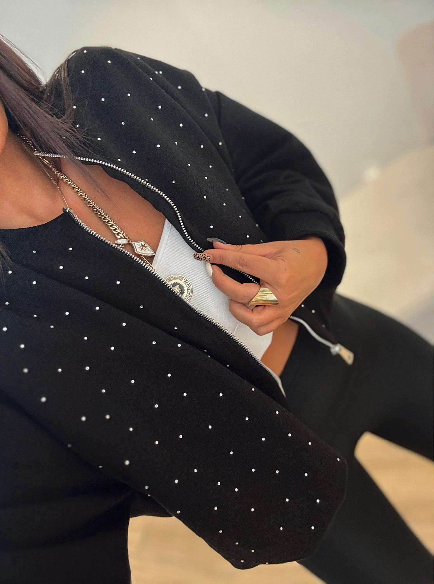 Taşlı Siyah Sweat Hırka