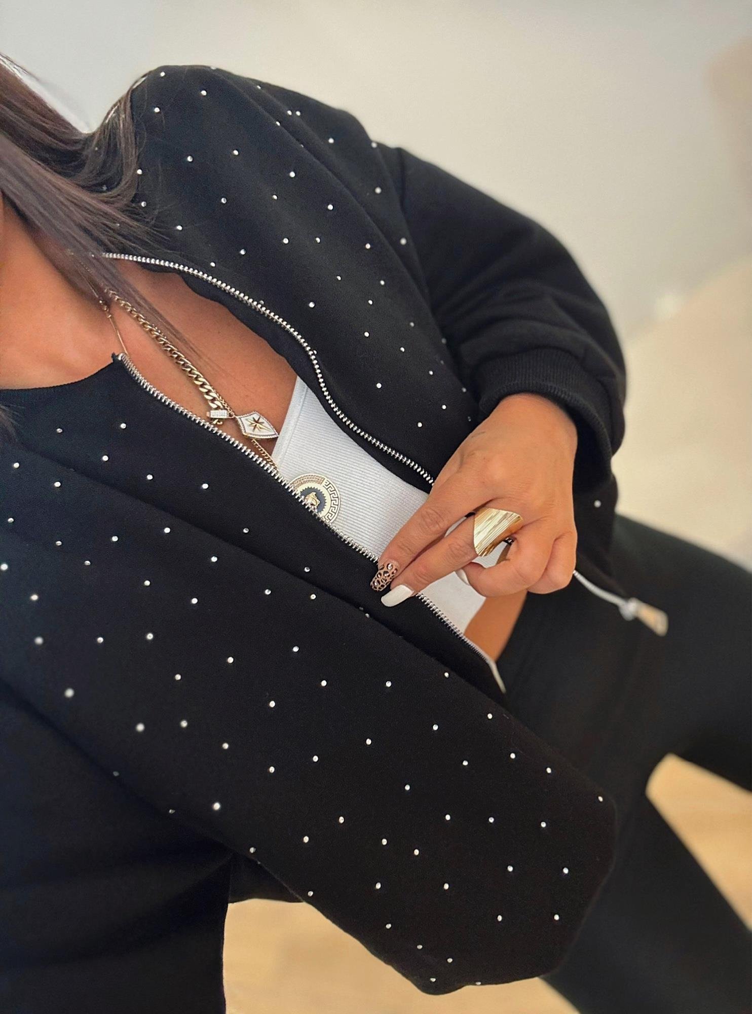 Taşlı Siyah Sweat Hırka