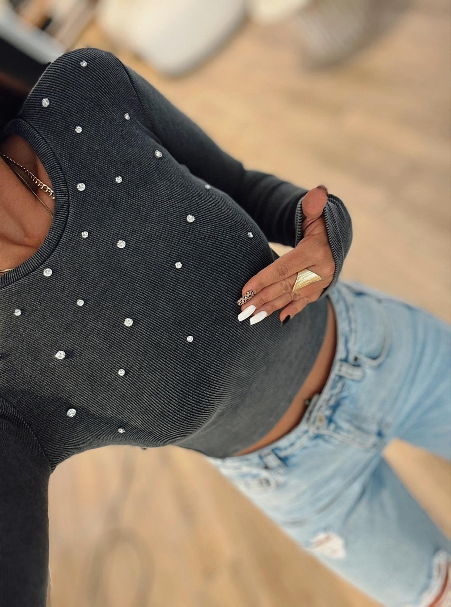 Taşlı Yıkamalı Crop