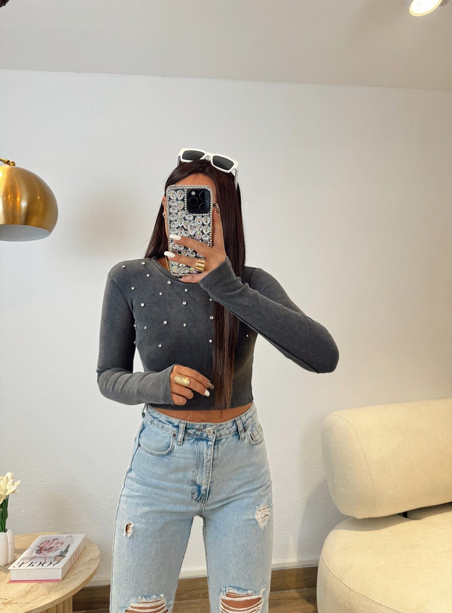 Taşlı Yıkamalı Crop