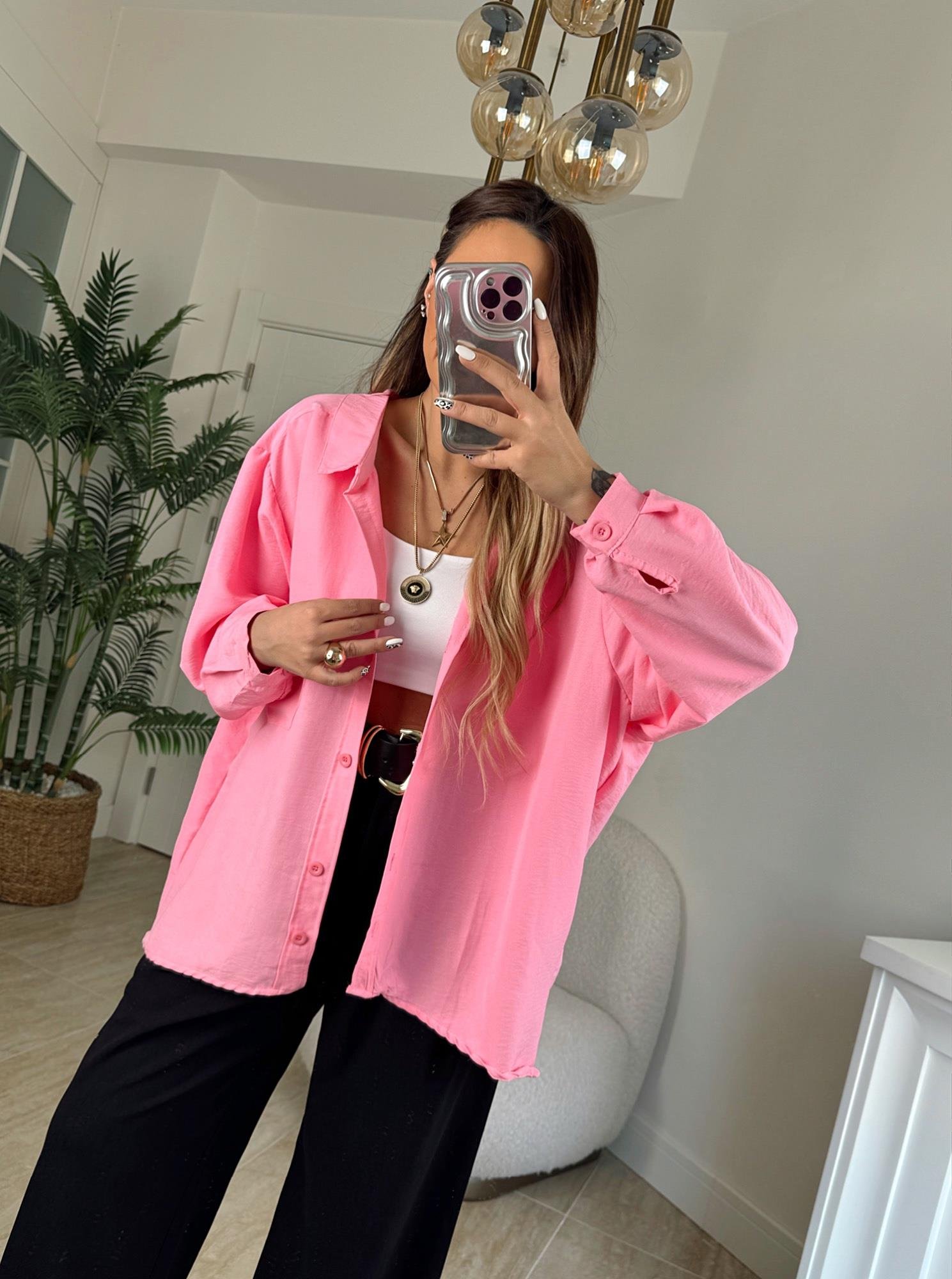 Tek Cepli Pamuklu Oversize Pembe Gömlek