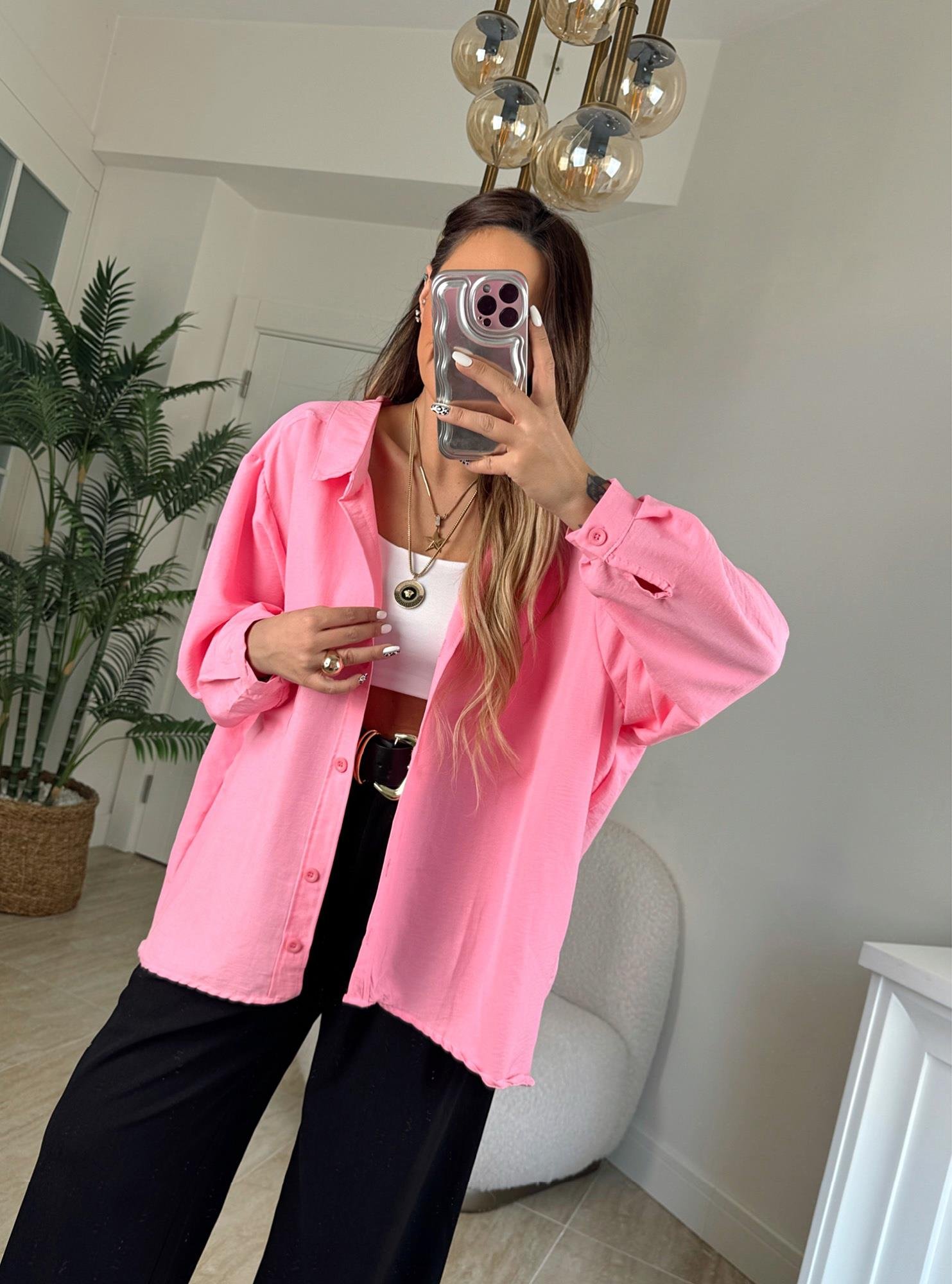 Tek Cepli Pamuklu Oversize Pembe Gömlek