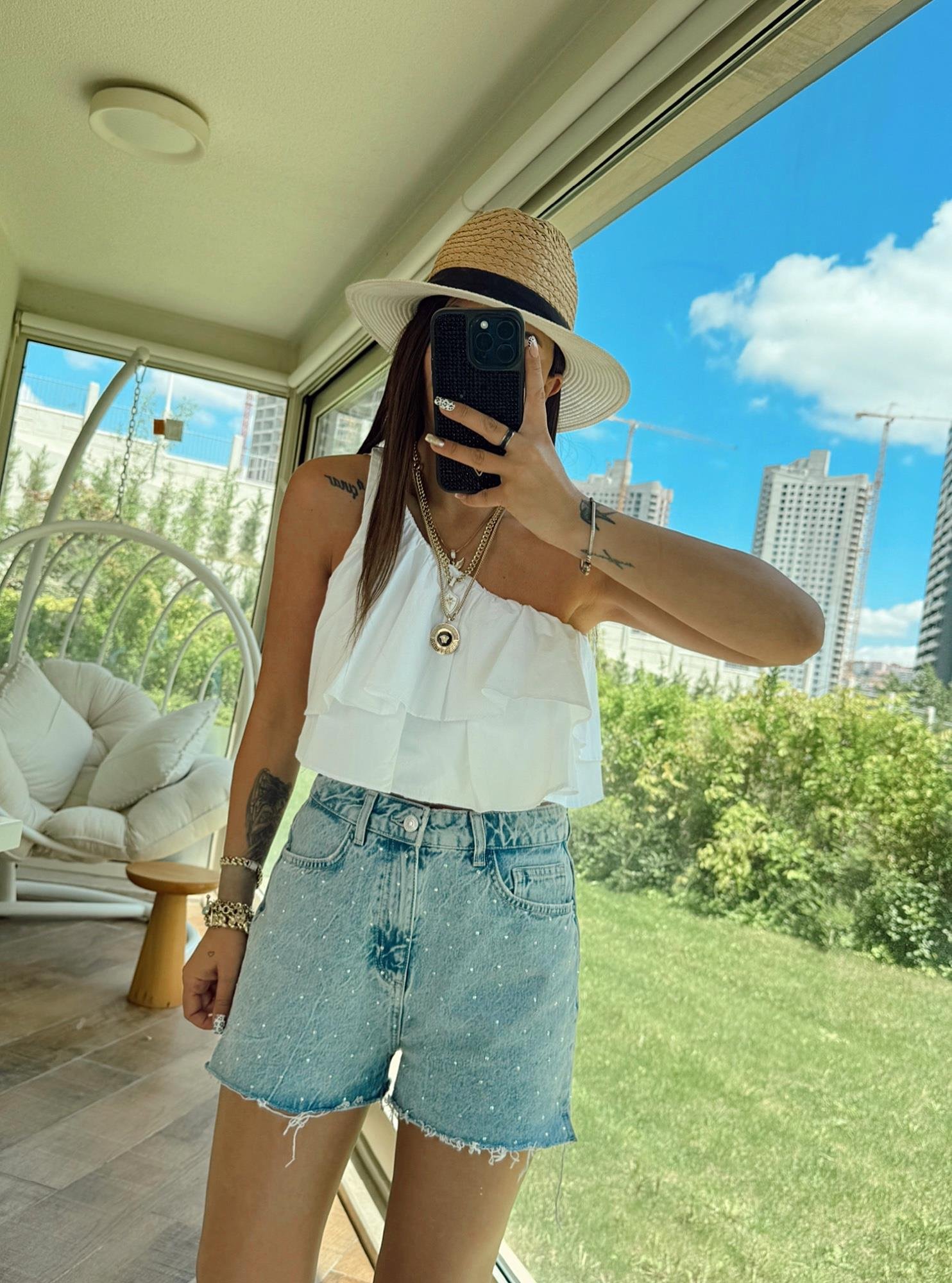 Tek Omuz Beyaz Poplin Crop