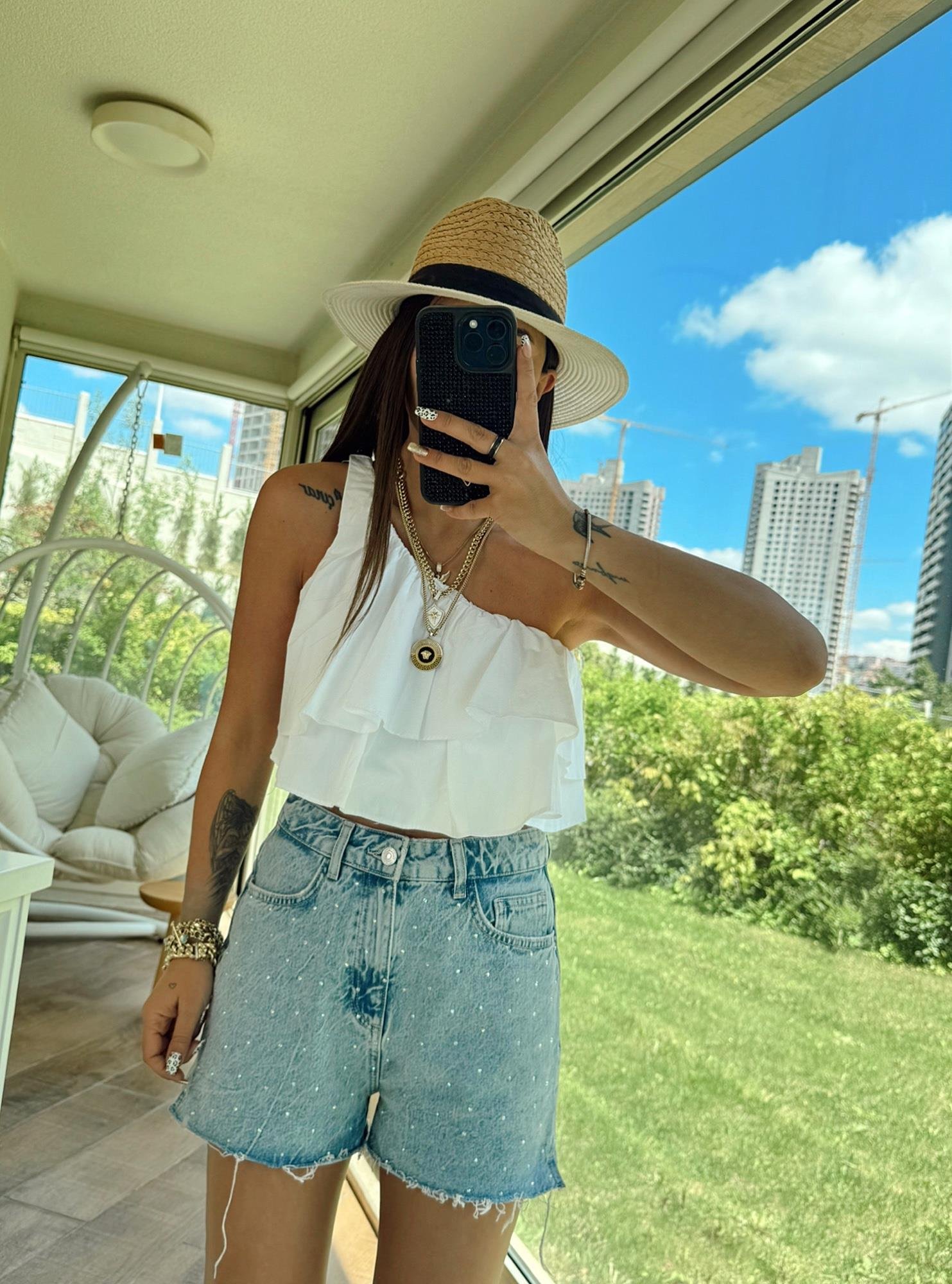 Tek Omuz Beyaz Poplin Crop