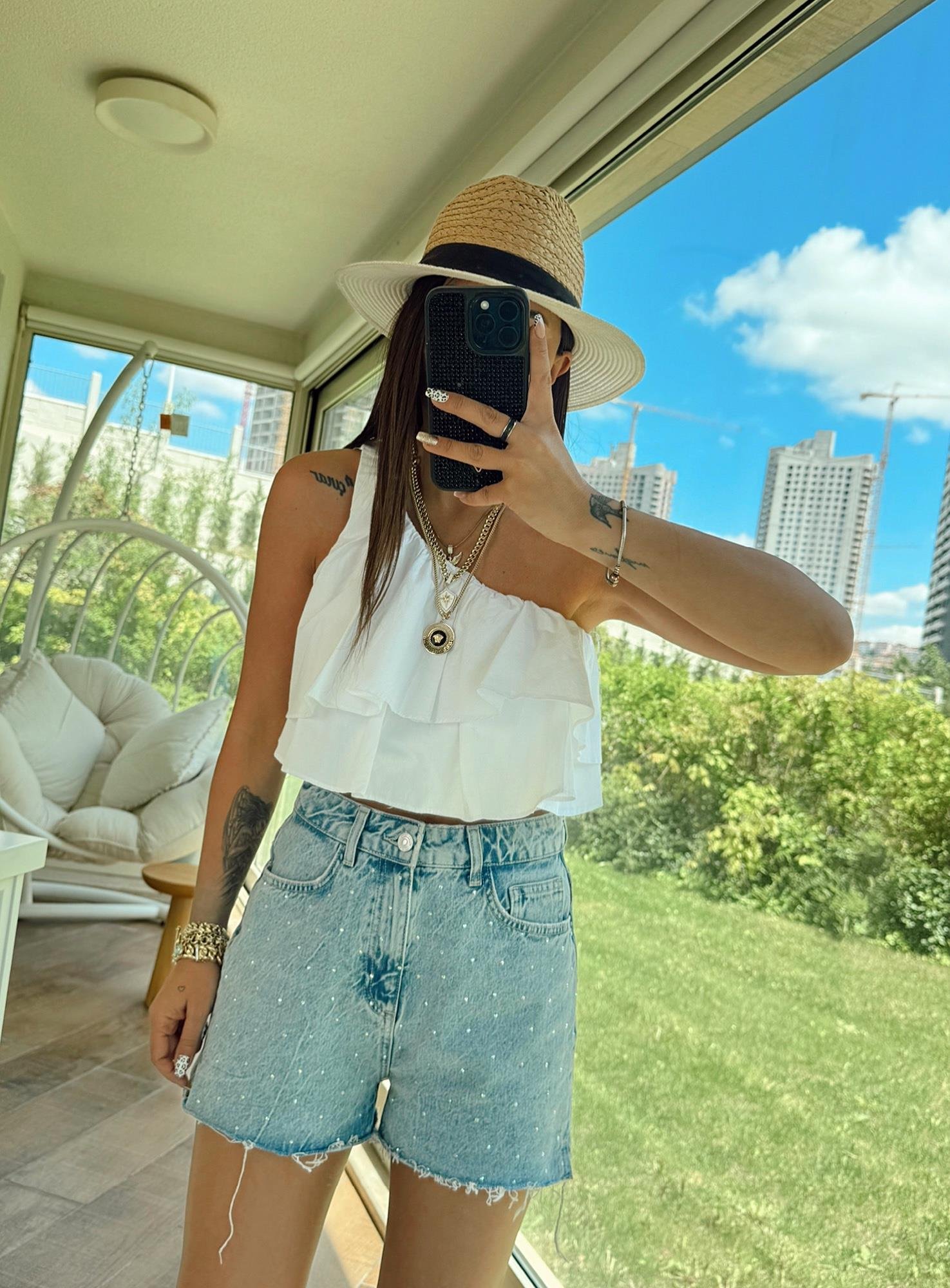 Tek Omuz Beyaz Poplin Crop